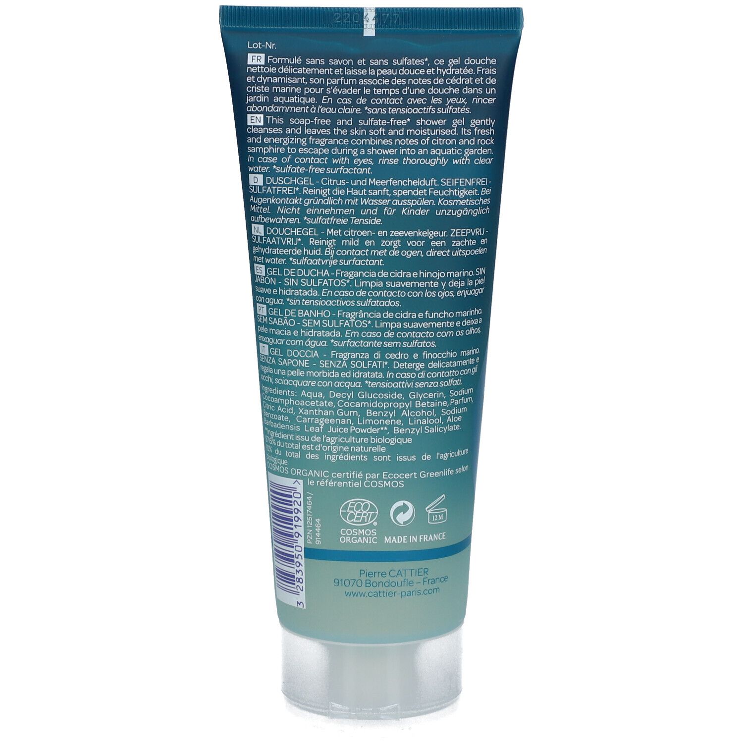 Tube de gel douche vert transparent. Texte multilingue. Certifié COSMOS ORGANIC. Fabriqué en France.