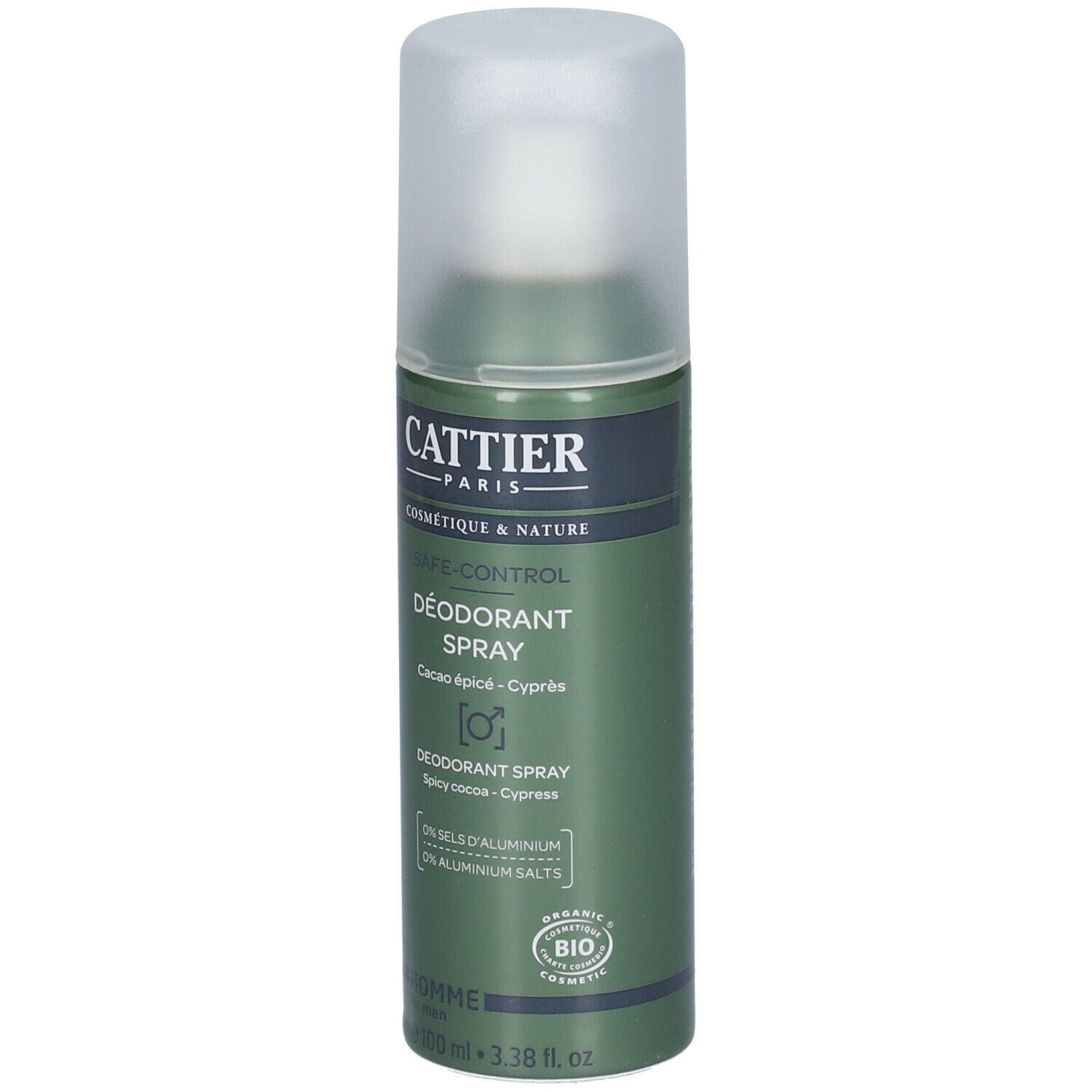 Spray déodorant Cattier. Flacon vert avec bouchon blanc. Inscriptions: SAFE-CONTROL, DÉODORANT SPRAY, certification BIO.
