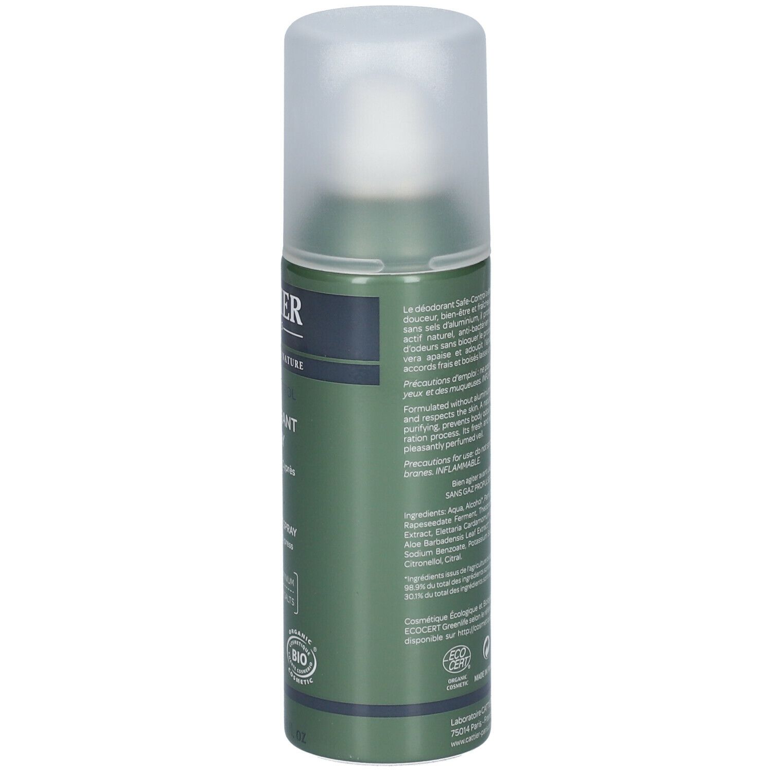 Dos du spray déodorant Cattier. Texte multilingue. Certification BIO. Fabriqué en France.