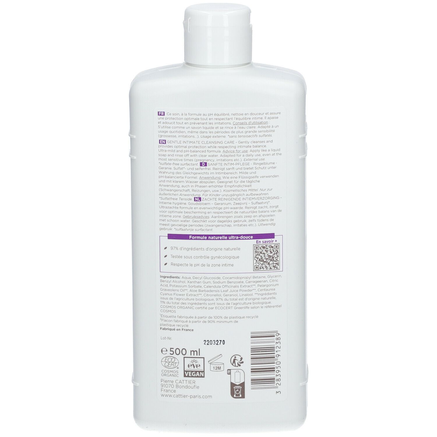 Dos d'un flacon blanc. Texte multilingue. Contient ingrédients, code QR, certification Bio, logo Vegan.