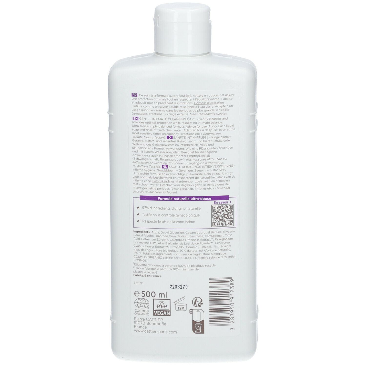 Dos d'un flacon blanc. Texte multilingue. Contient ingrédients, code QR, certification Bio, logo Vegan.