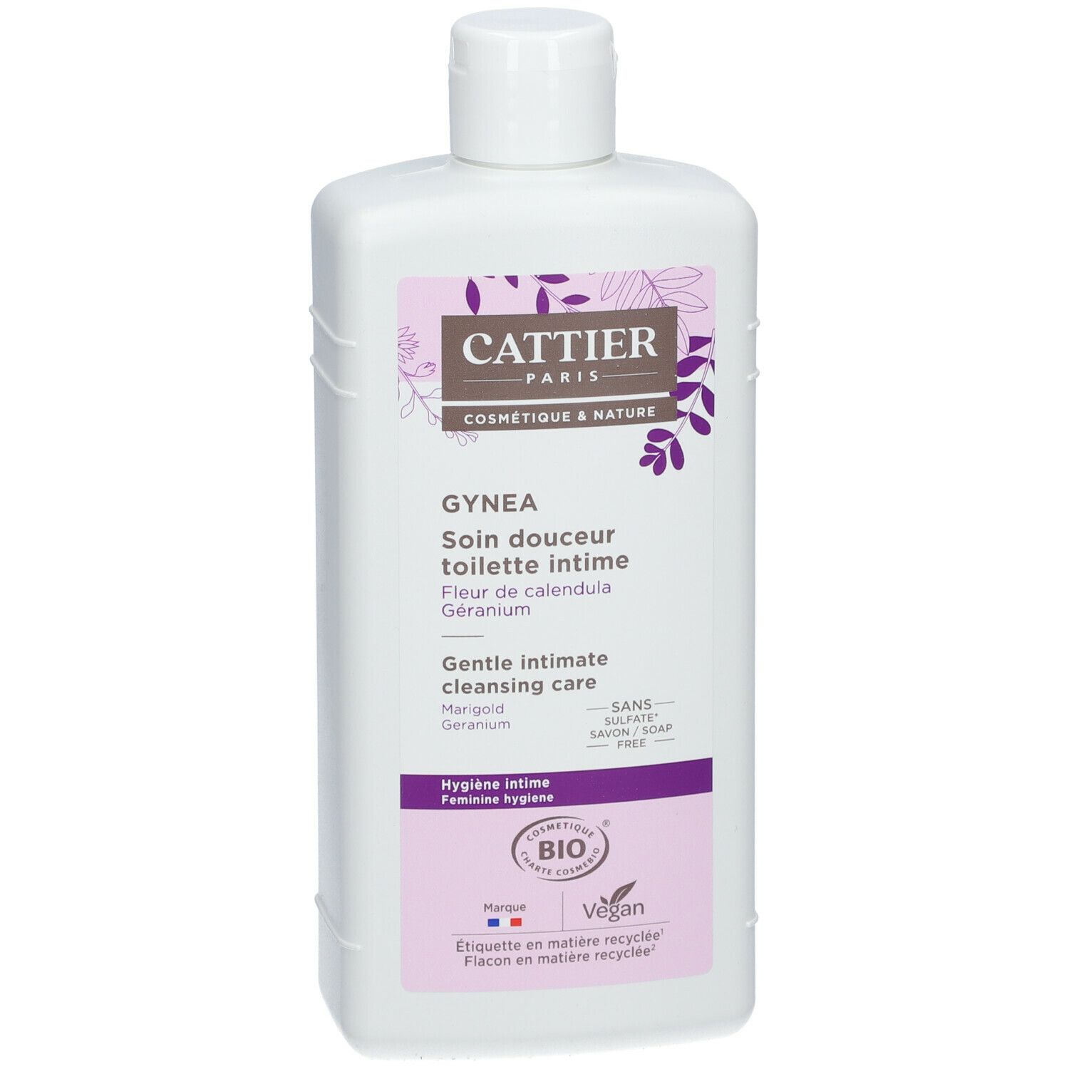 Flacon blanc avec étiquette violette. Inscription: Cattier Paris, Gynéa, Soin douceur toilette intime. Certification Bio.