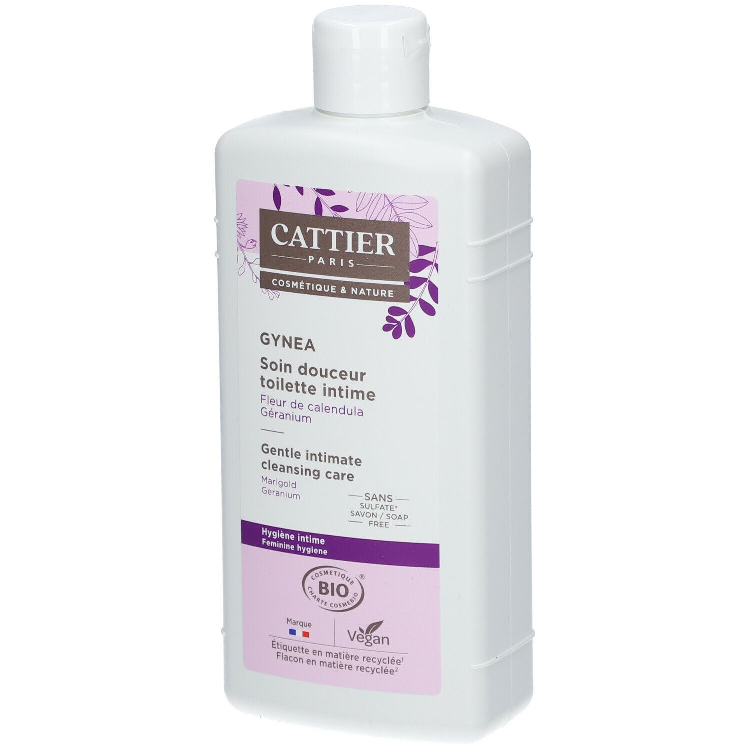 Flacon blanc avec étiquette violette. Inscription: Cattier Paris, Gynéa, Soin douceur toilette intime. Certification Bio.