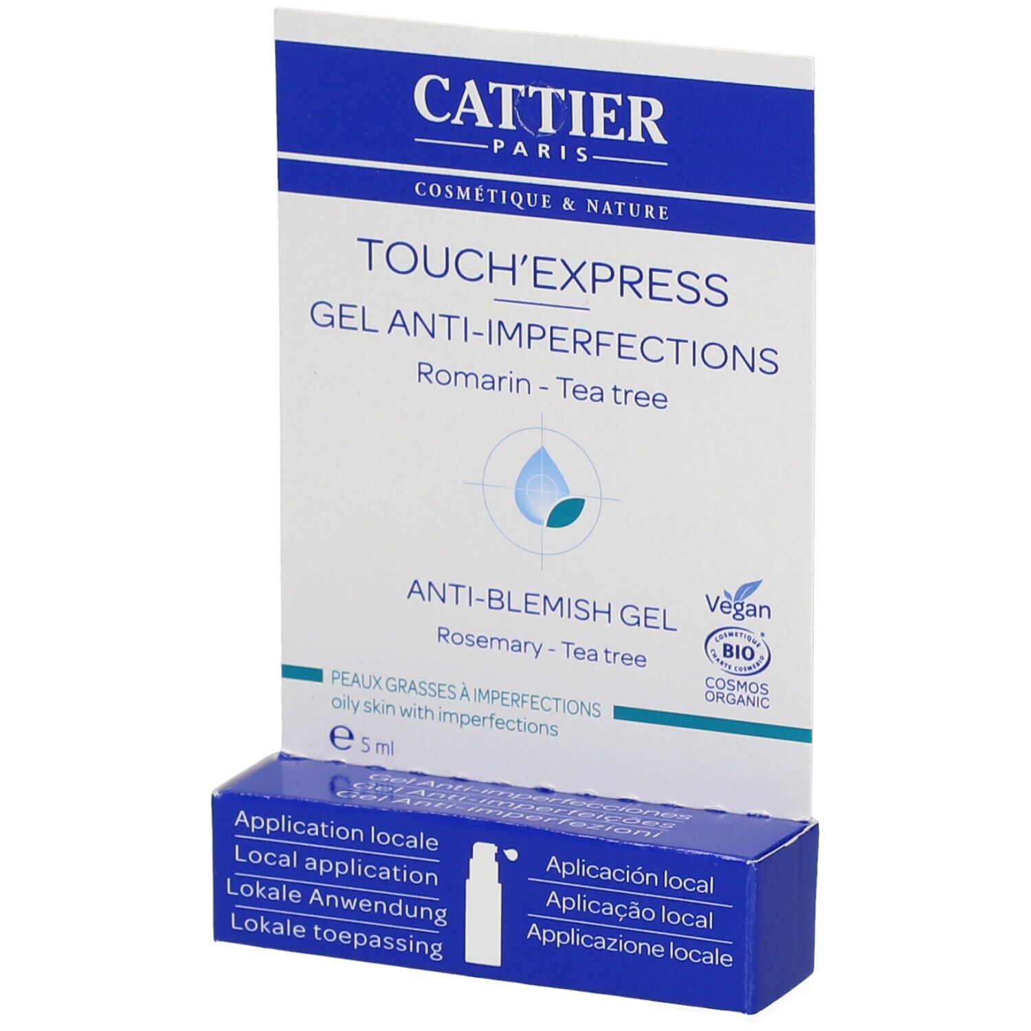 Verpackung mit Produktinformationen. Marke Cattier, Produktname Touch'Express Gel Anti-Imperfektionen. Vegan und Bio-Zertifizierung.