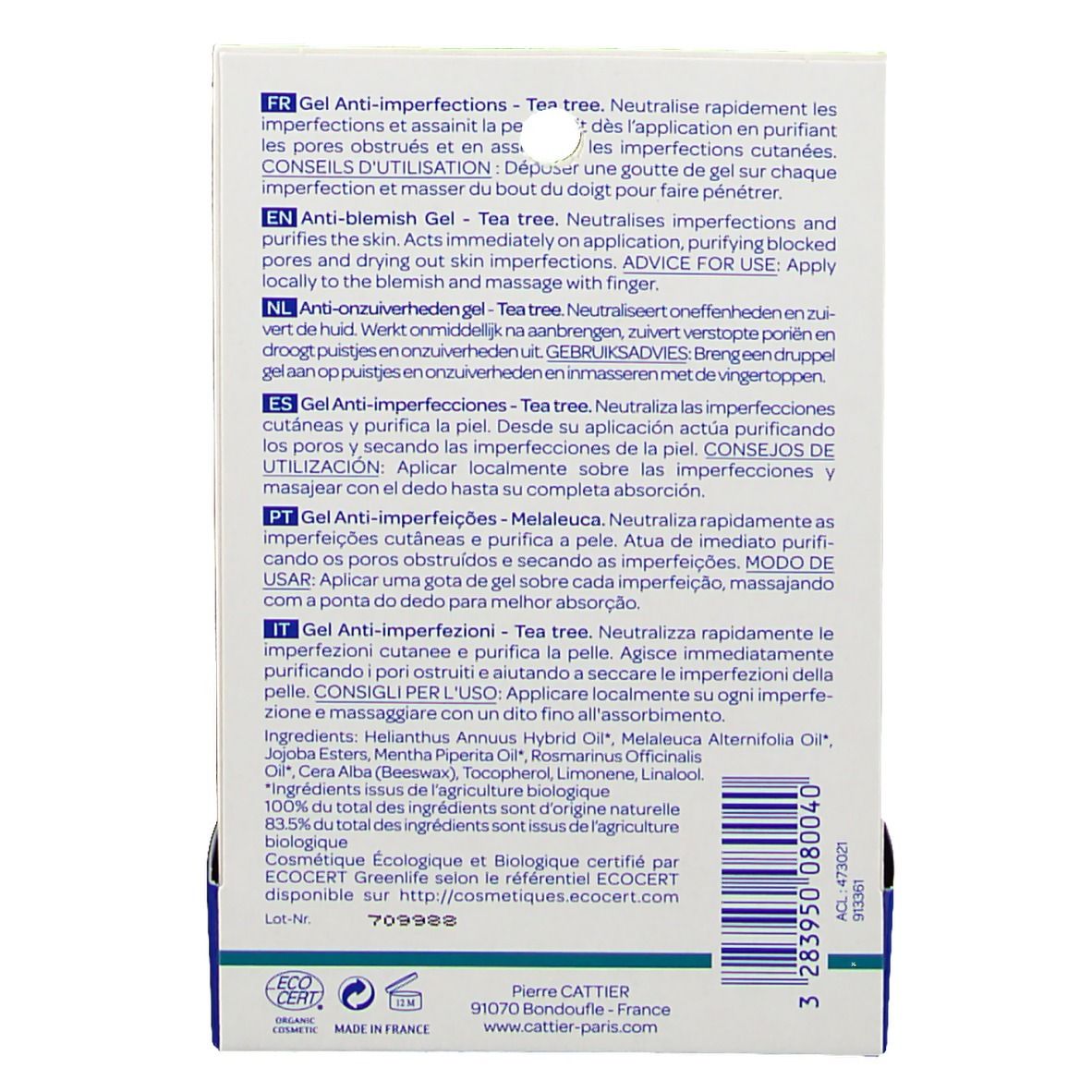 Seitenansicht der Produktverpackung. Marke Cattier, Produktname Touch'Express Gel Anti-Imperfektionen. Vegan und Bio-Zertifizierung.