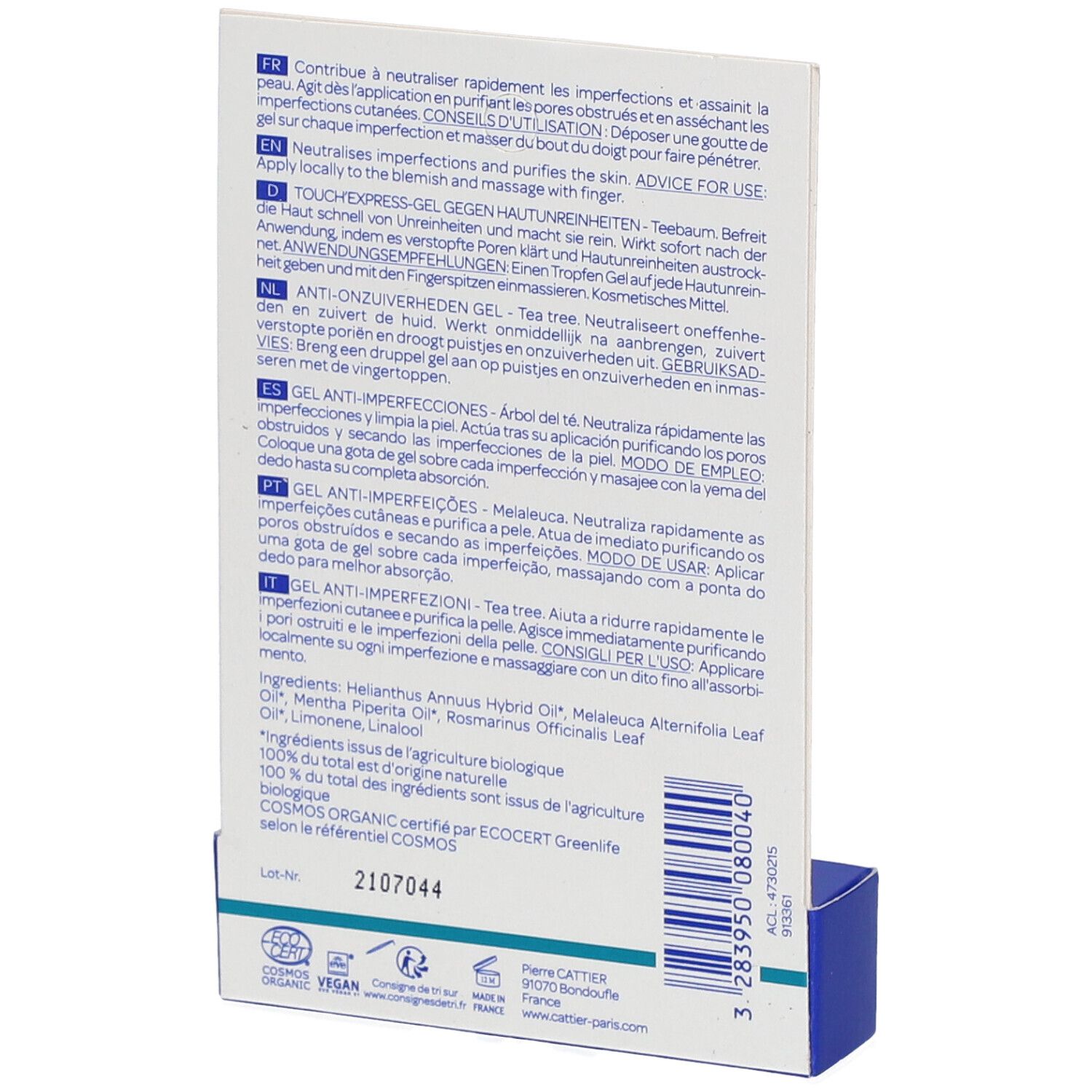 Rückseite der Produktverpackung. Text in mehreren Sprachen. Inhaltsstoffe, Gebrauchsanweisung und Zertifizierungen.