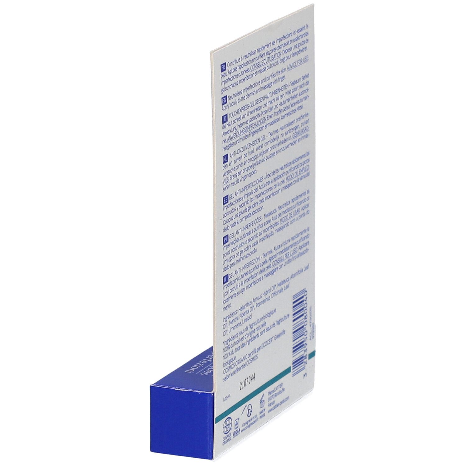 Seitenansicht der Produktverpackung. Text in mehreren Sprachen. Inhaltsstoffe, Gebrauchsanweisung und Zertifizierungen.