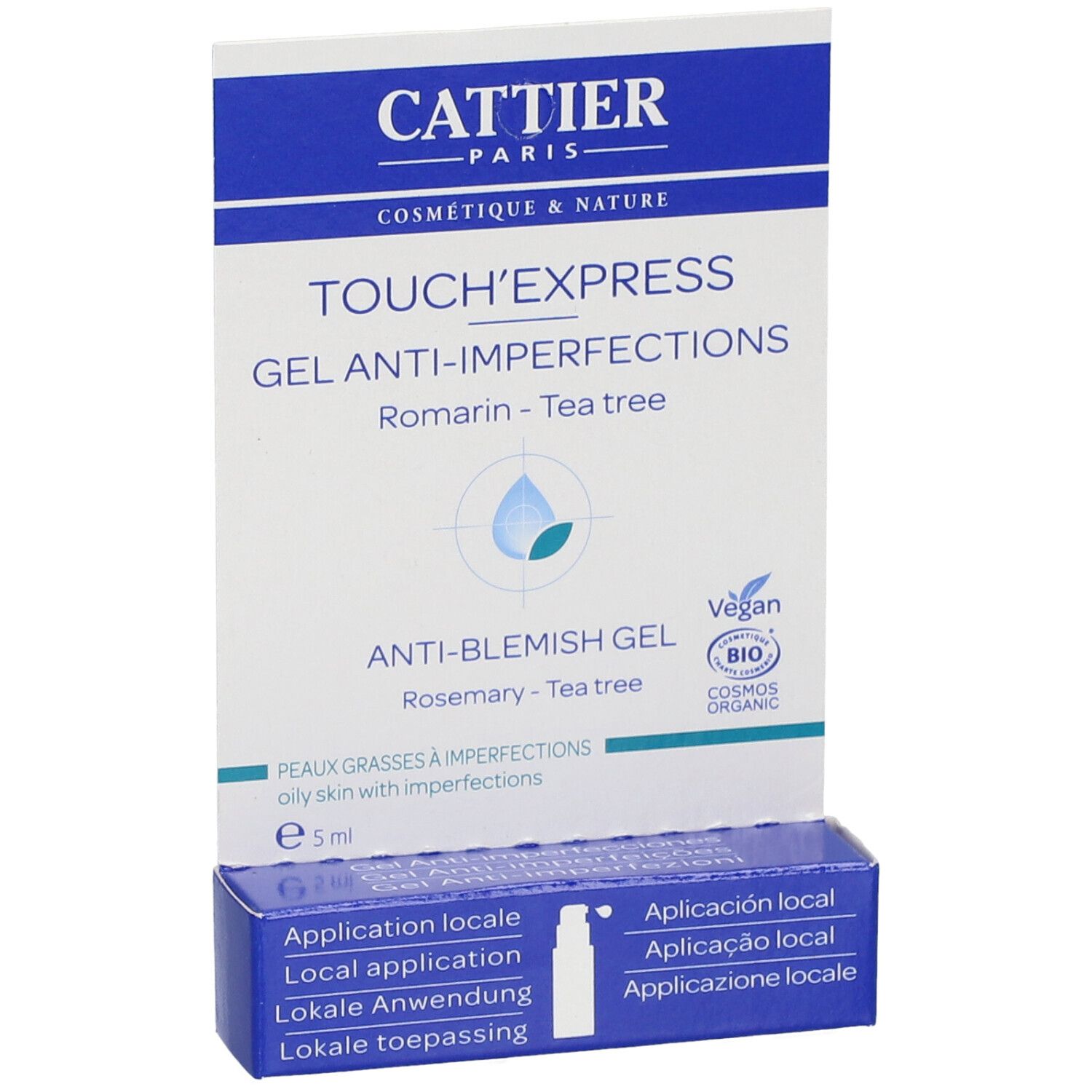 Produktverpackung. Marke Cattier, Produktname Touch'Express Gel Anti-Imperfektionen. Vegan und Bio-Zertifizierung.