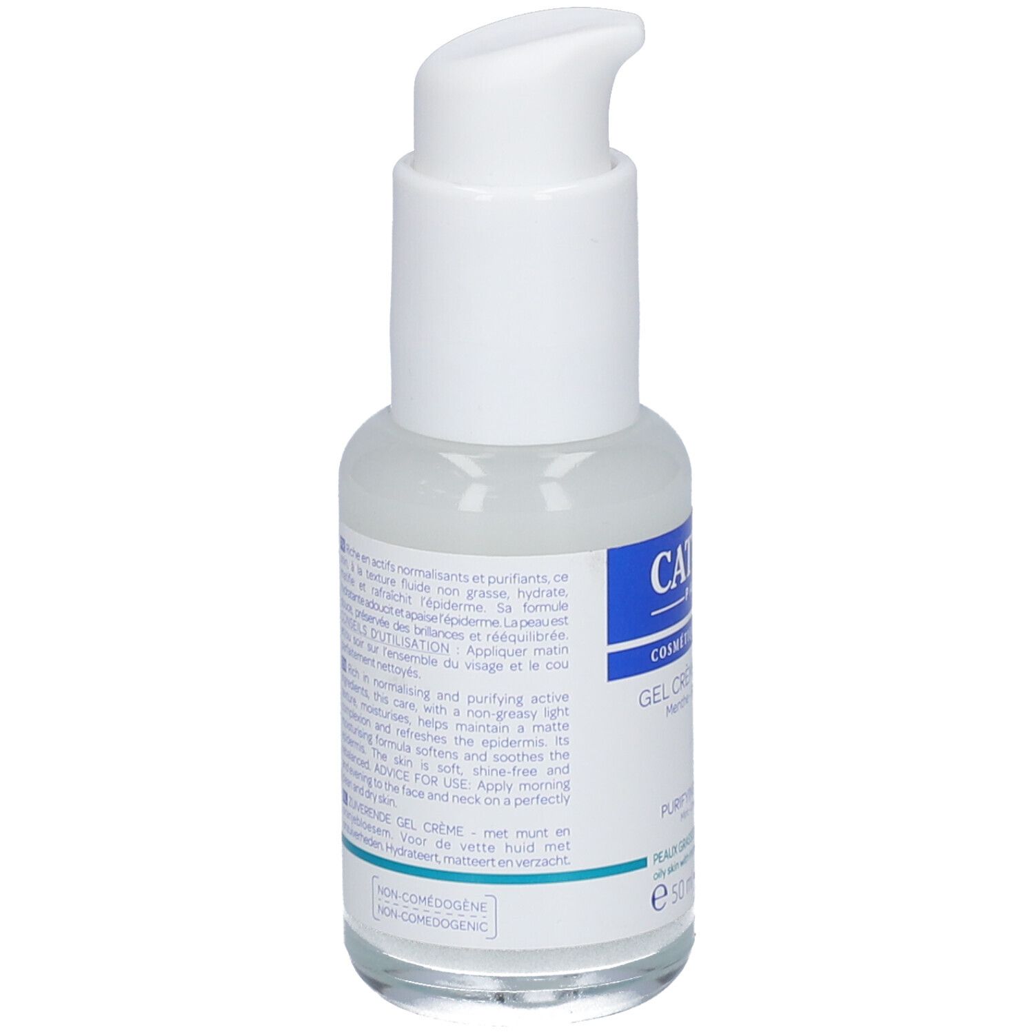 Dos du flacon avec texte. Pompe blanche. Étiquette bleue avec texte. Récipient transparent avec liquide clair.