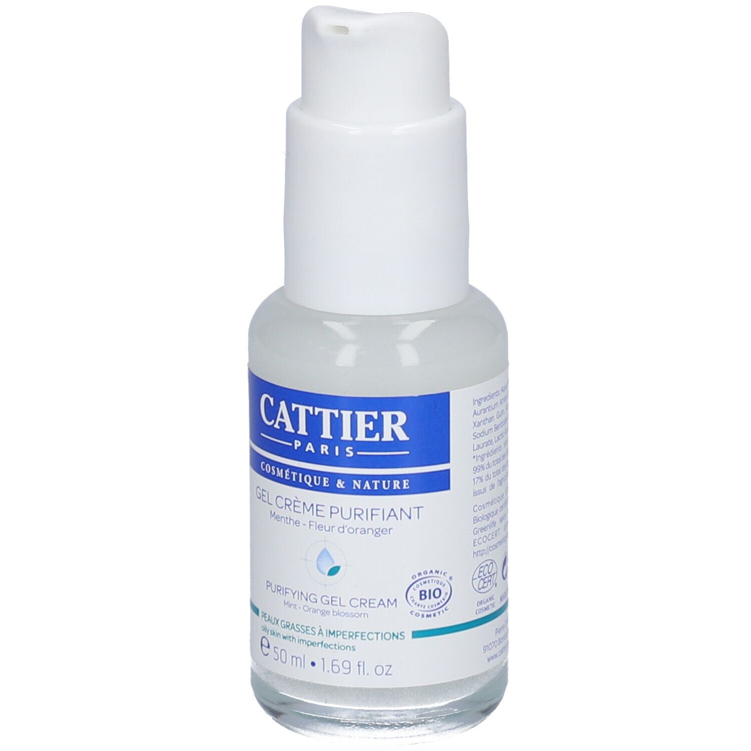 Flacon transparent avec pompe blanche. Étiquette bleue avec texte: Cattier Paris, Gel Crème Purifiant, certification Bio.