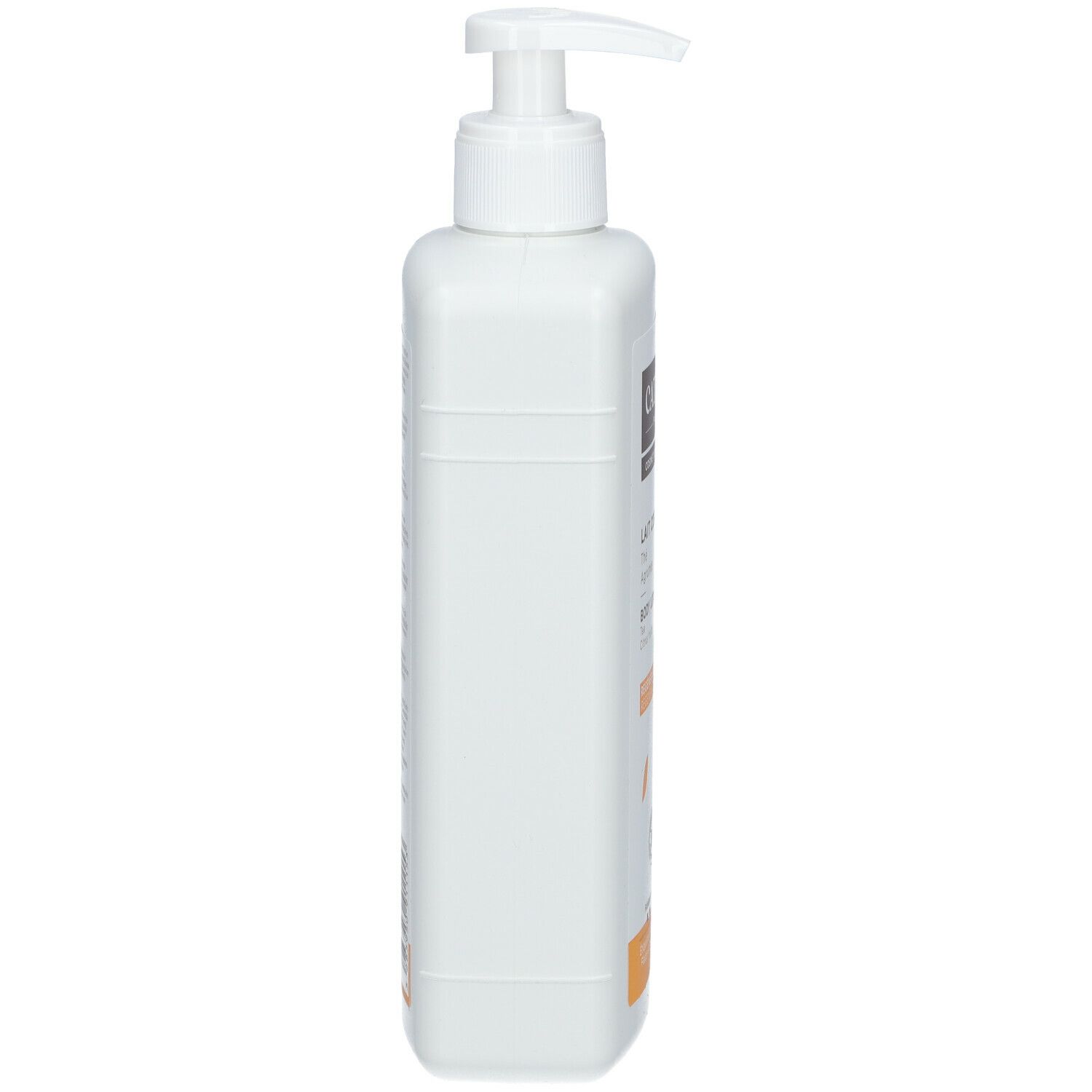 Witte fles met pomp, zijaanzicht. Opschriften nauwelijks zichtbaar.
