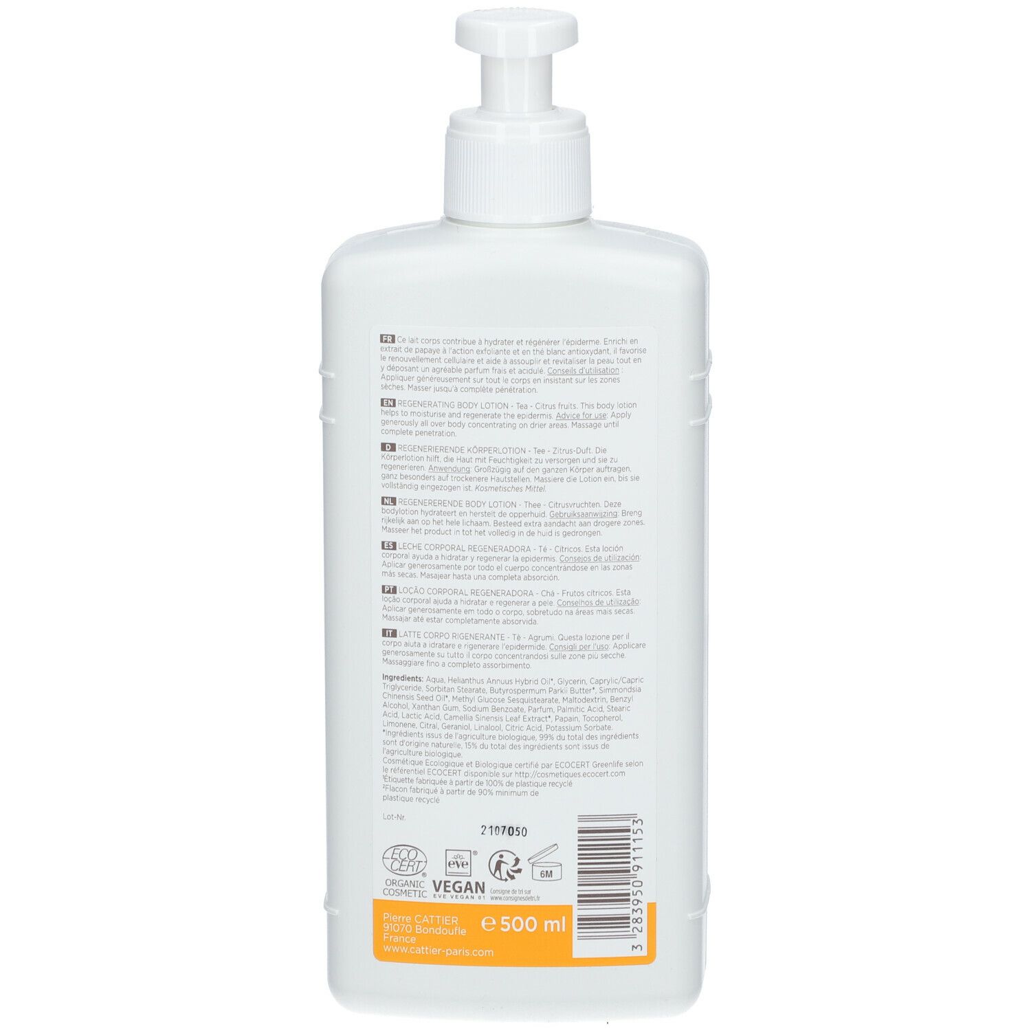 Achterkant van de witte fles met pomp. Tekst in meerdere talen. Bio-label, Vegan-logo, 500 ml.