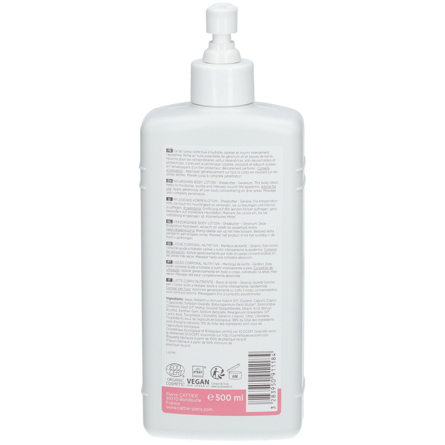 Achterkant van een witte fles met pomp. Tekst in meerdere talen, veganistisch logo, bio-certificering.