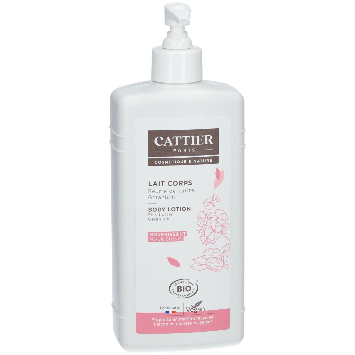 Witte fles met pomp. Opschrift: Cattier, Lait Corps, bio-certificering, veganistisch logo.