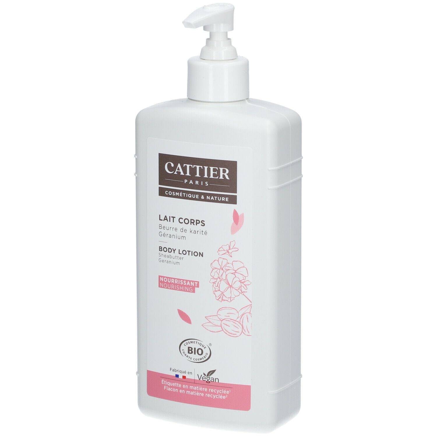Witte fles met pomp. Opschrift: Cattier, Lait Corps, bio-certificering, veganistisch logo.