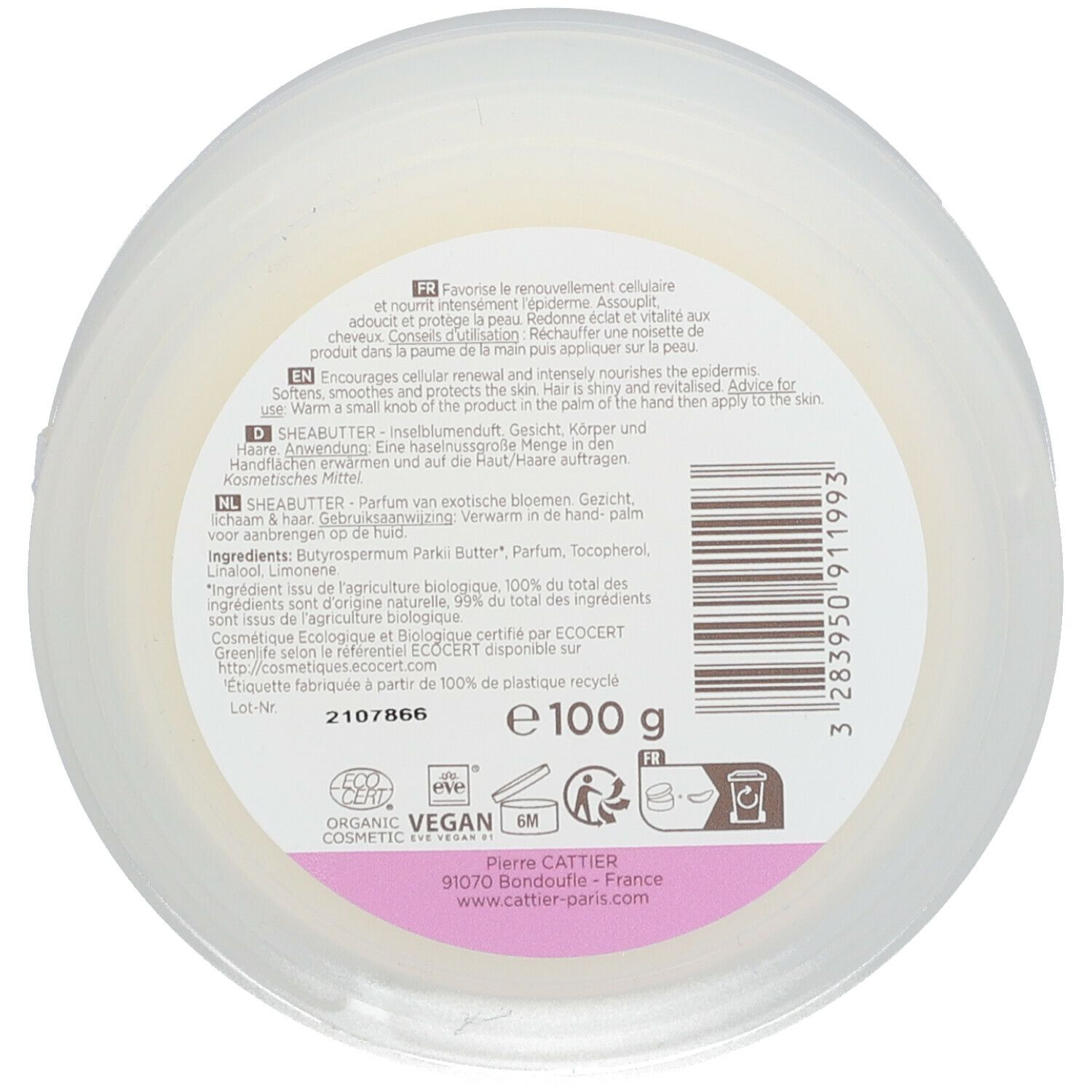 Dos du pot. Texte: SheaButter, ingrédients, ECOCERT, label Vegan, certification Bio, 100 g.