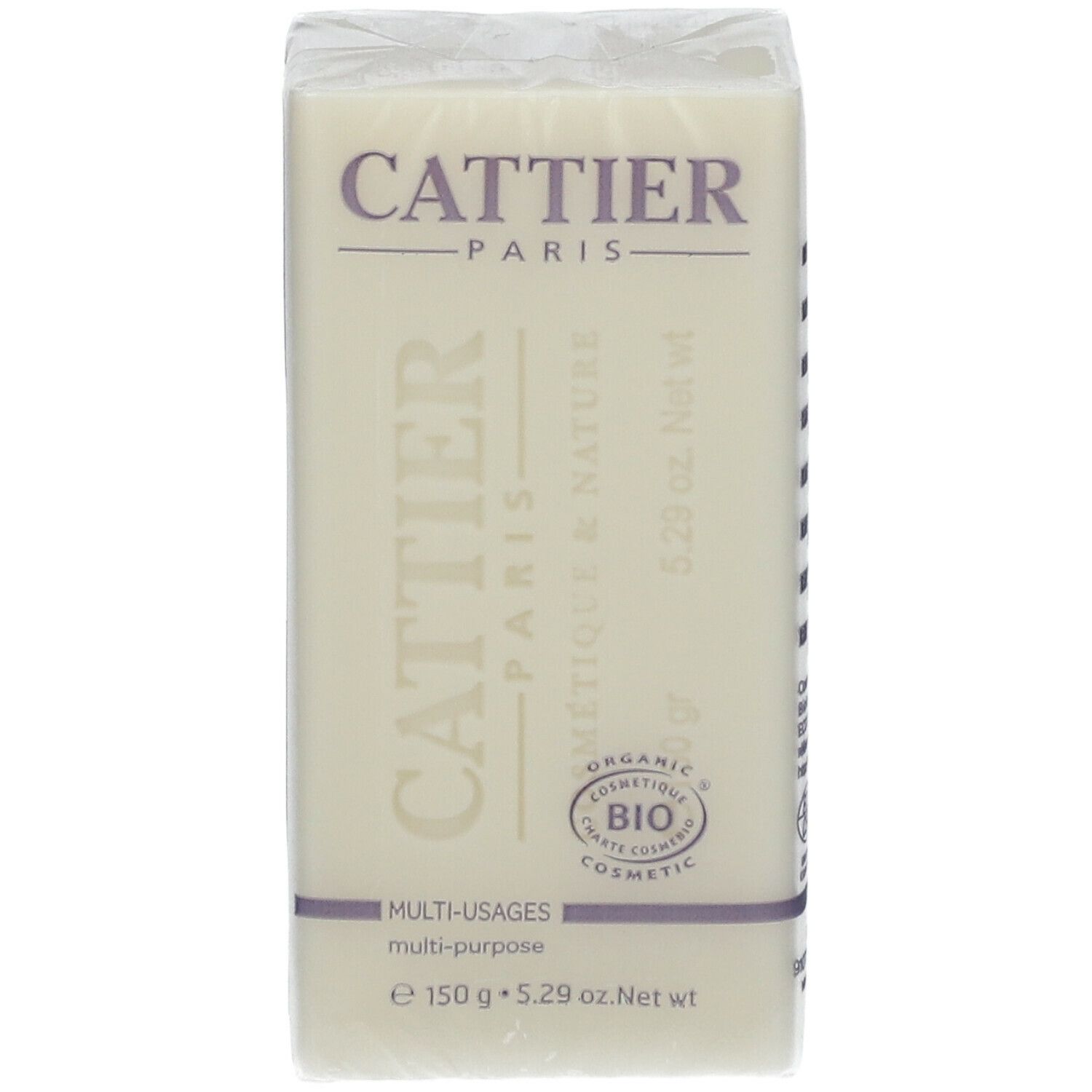 Verpackte Seife mit 'Cattier Paris' Logo und 'Multi-Usages'. Bio-Kosmetik-Siegel.