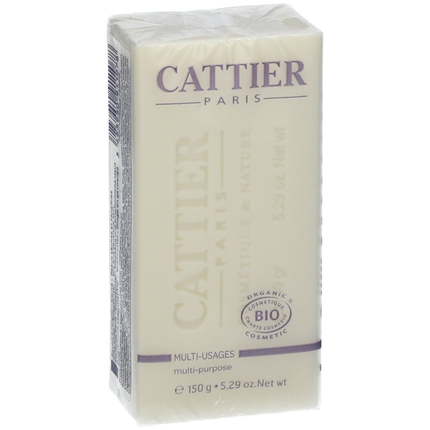 Verpackte Seife mit 'Cattier Paris' Logo und 'Multi-Usages'. Bio-Kosmetik-Siegel.