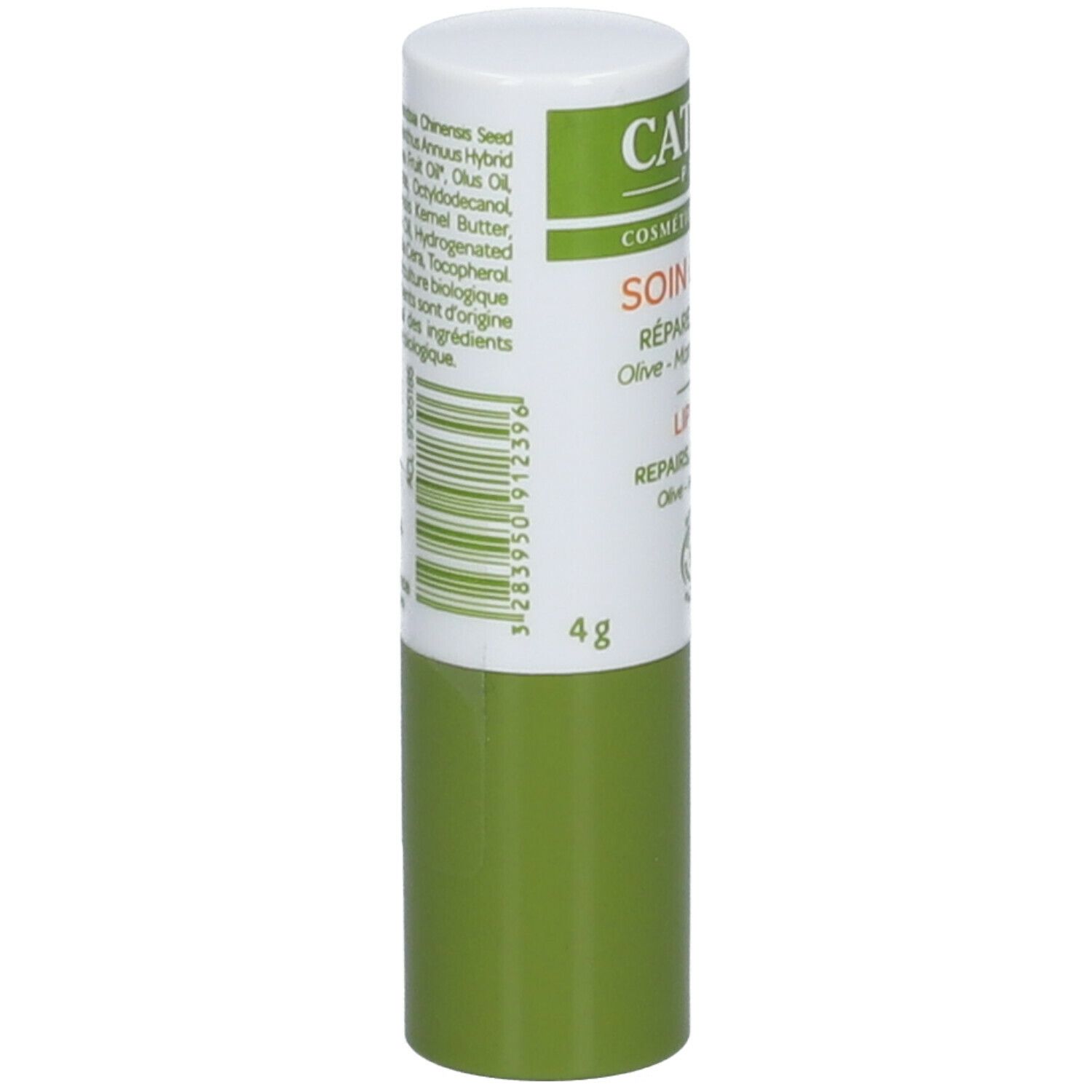 Stick de soin des lèvres vert et blanc. Dos avec ingrédients, code-barres et poids de 4 g.