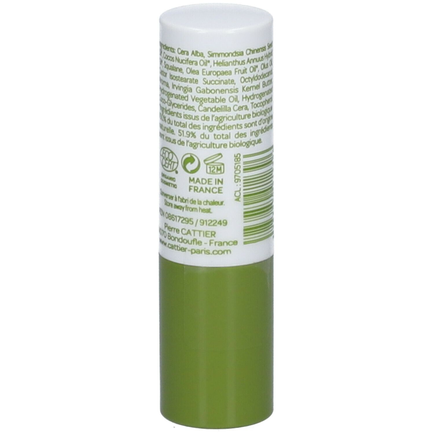 Stick de soin des lèvres vert et blanc. Dos avec ingrédients, certification Bio et origine France.