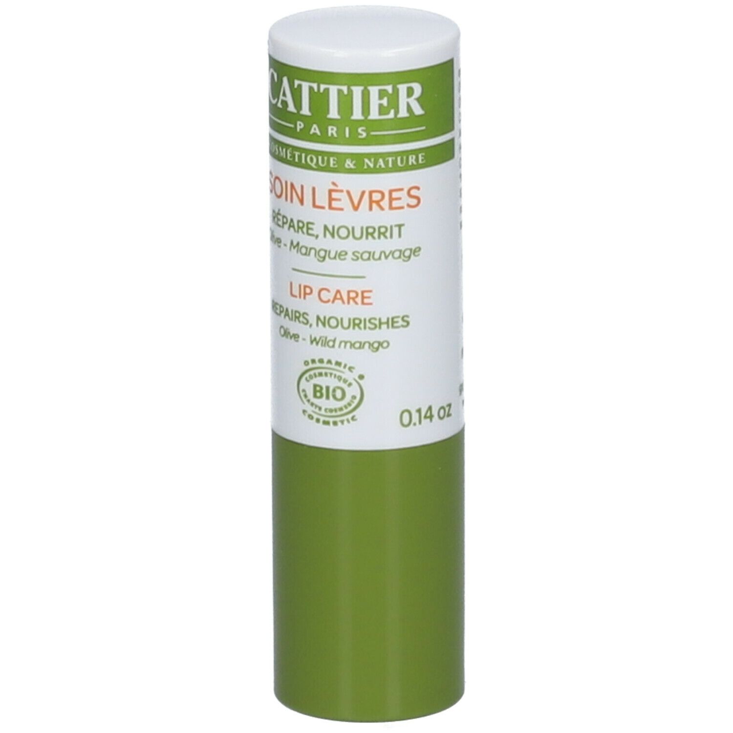 Stick de soin des lèvres vert et blanc. Inscriptions: Cattier, Soin Lèvres, Lip Care, certification Bio, 0,14 oz.