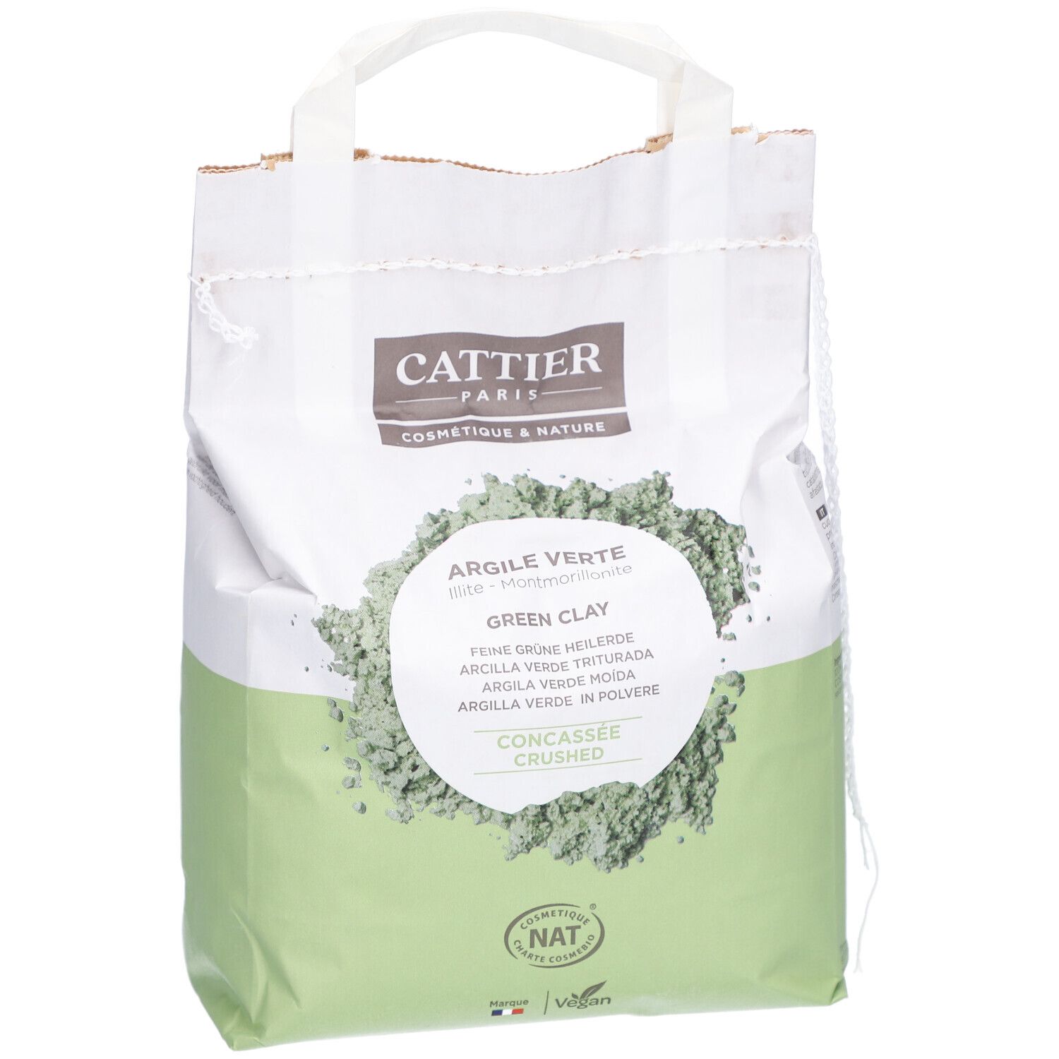 Zak groene klei. Merk Cattier. Tekst: Argile Verte, Green Clay, concassée, crushed. Natuurlijke cosmetica.