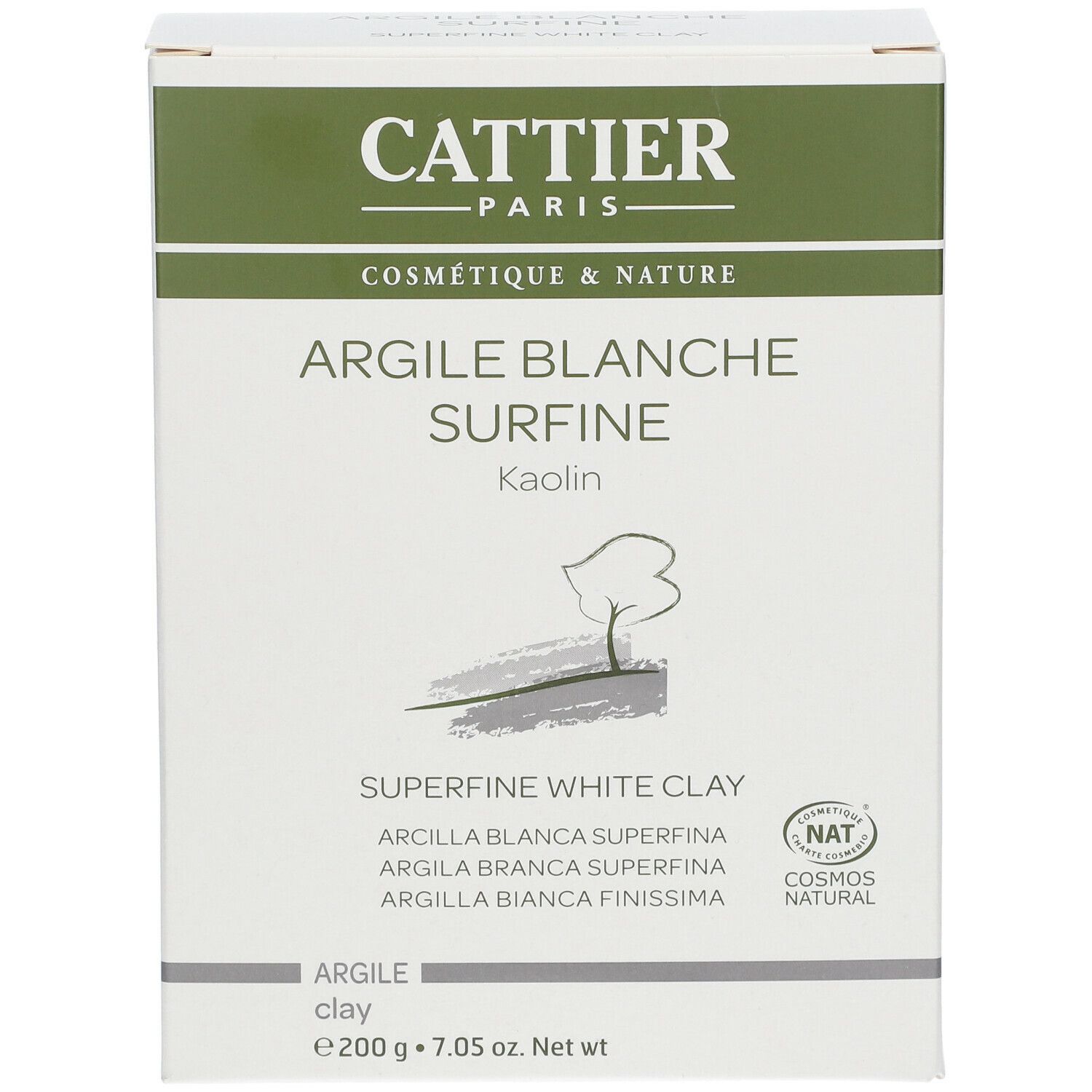 Boîte en carton blanc avec logo CATTIER et nom du produit : Argile Blanche Surfine. Contient du kaolin et le logo NAT.