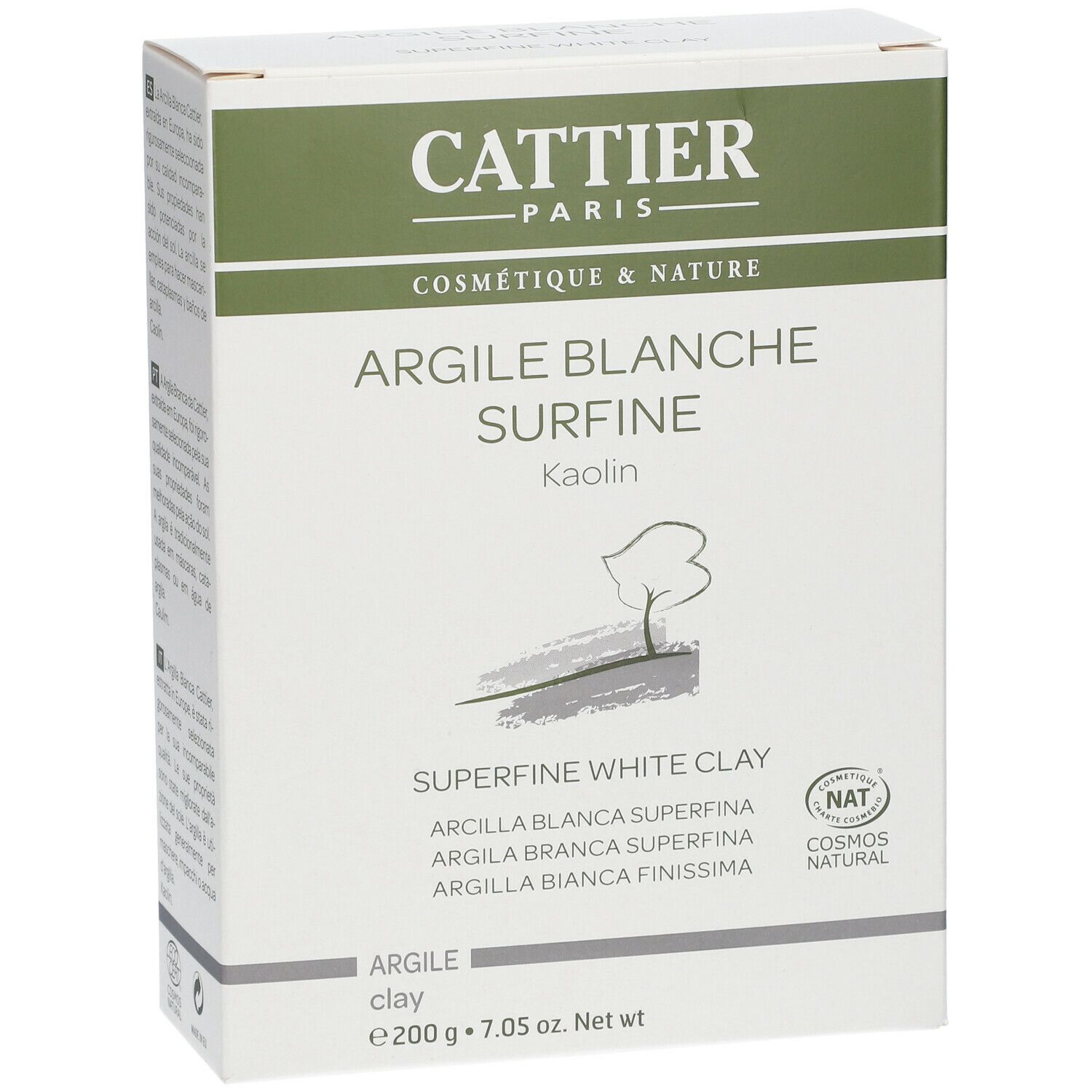 Boîte en carton blanc avec logo CATTIER et nom du produit : Argile Blanche Surfine. Contient du kaolin et le logo NAT.
