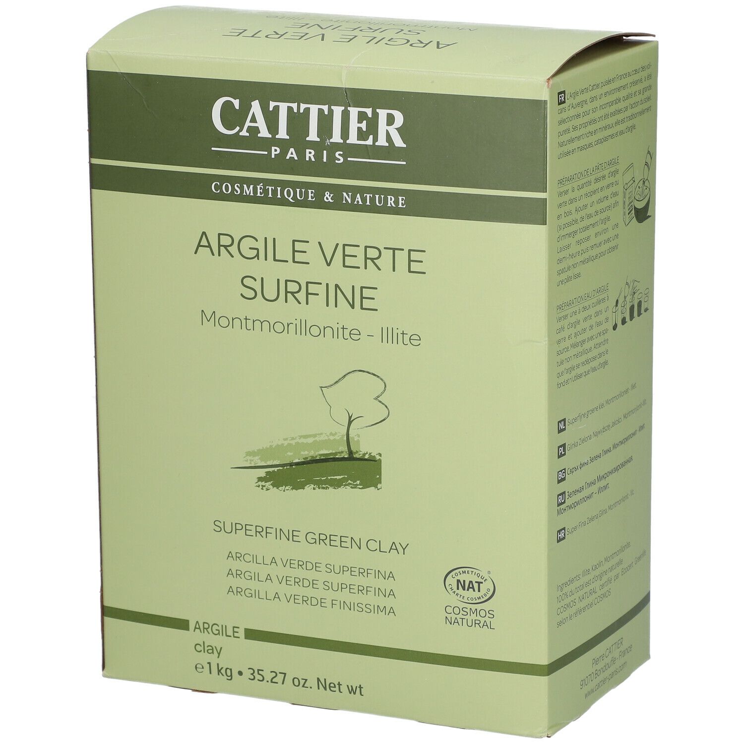 Emballage d'argile verte. Inscription: CATTIER, Argile verte surfine. Certification NAT. Poids: 1 kg.