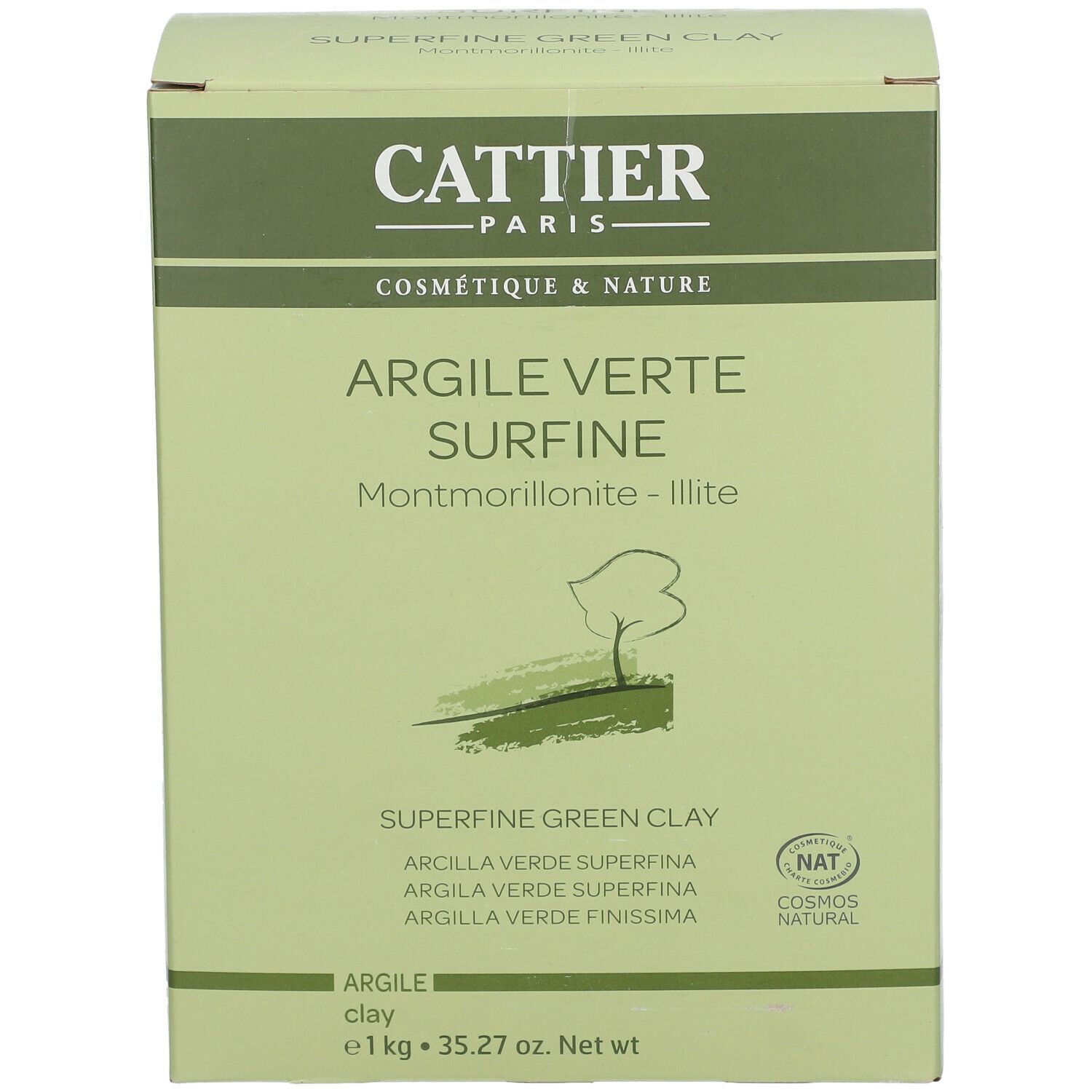Emballage d'argile verte. Inscription: CATTIER, Argile verte surfine. Certification NAT. Poids: 1 kg.