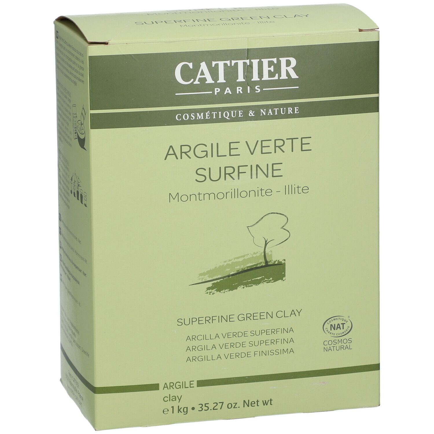 Emballage d'argile verte. Inscription: CATTIER, Argile verte surfine. Certification NAT. Poids: 1 kg.