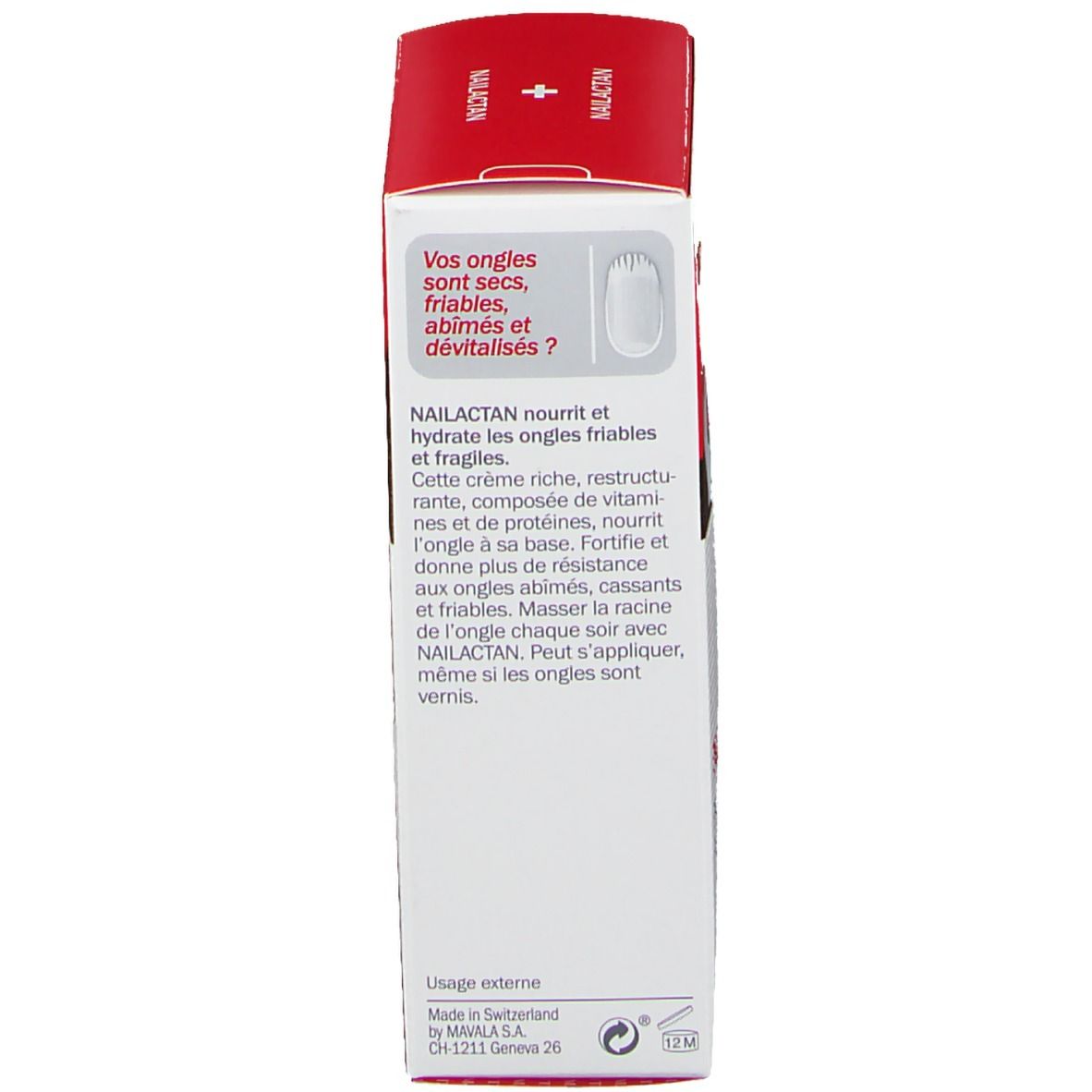 Verpackung für Nagelpflegeprodukt mit Text über Nährstoffe und Stärkung für Nägel.