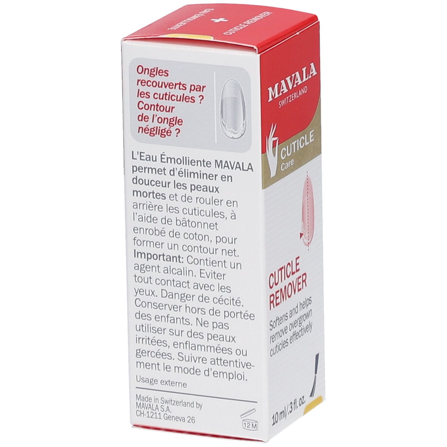 Mavala Cuticle Remover Verpackung. Rote und weiße Schachtel. Text: Cuticle Care, Eau Émolliente, 10 ml.
