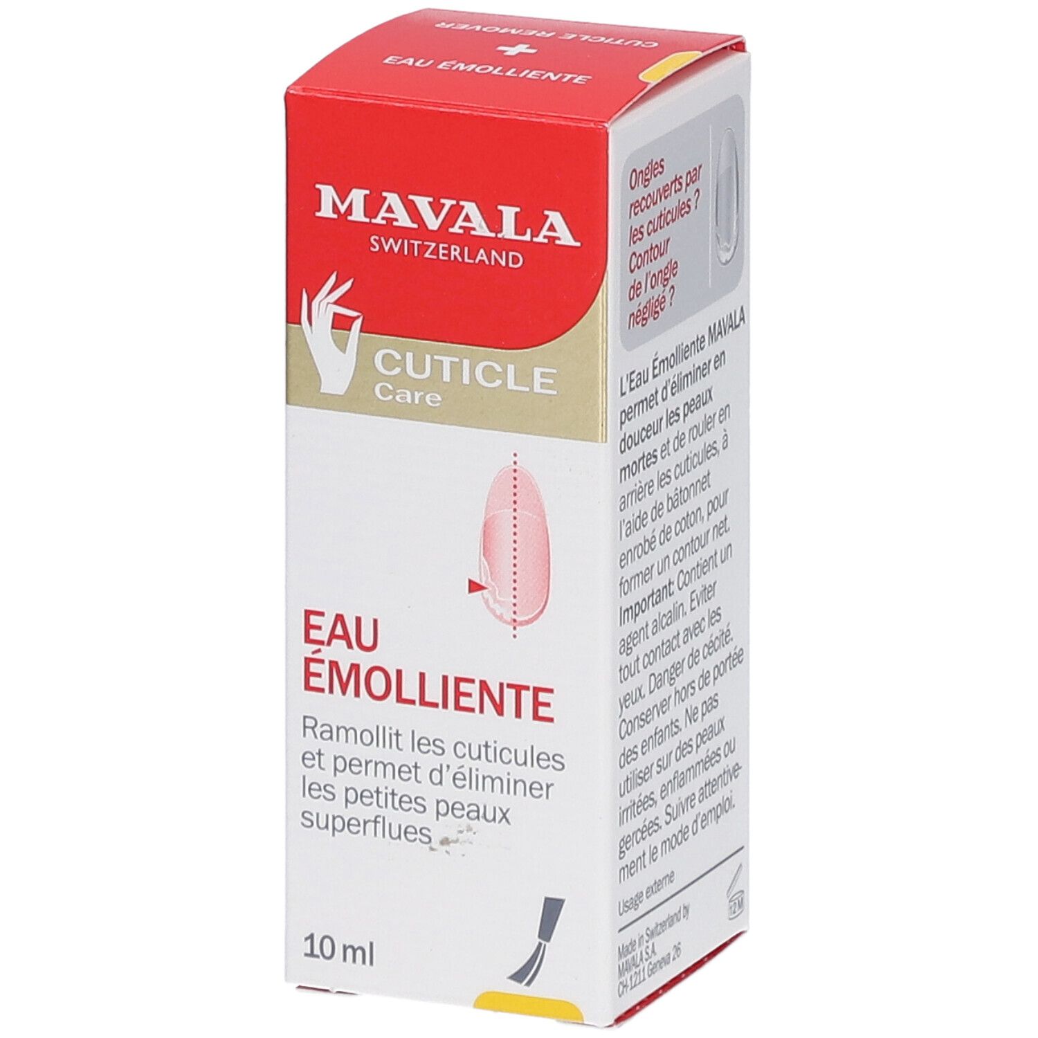 Mavala Eau Émolliente Verpackung. Rote und weiße Schachtel. Text: Cuticle Care, Eau Émolliente, 10 ml.