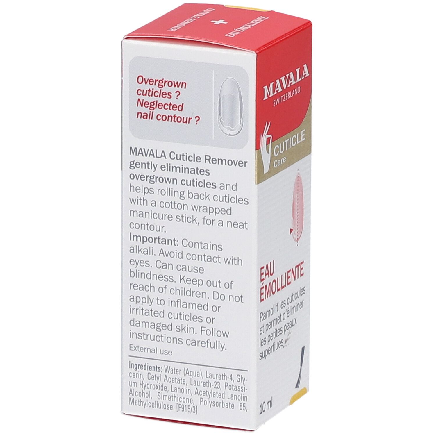 Mavala Eau Émolliente Verpackung. Rote und weiße Schachtel. Text: Cuticle Care, Eau Émolliente, 10 ml.