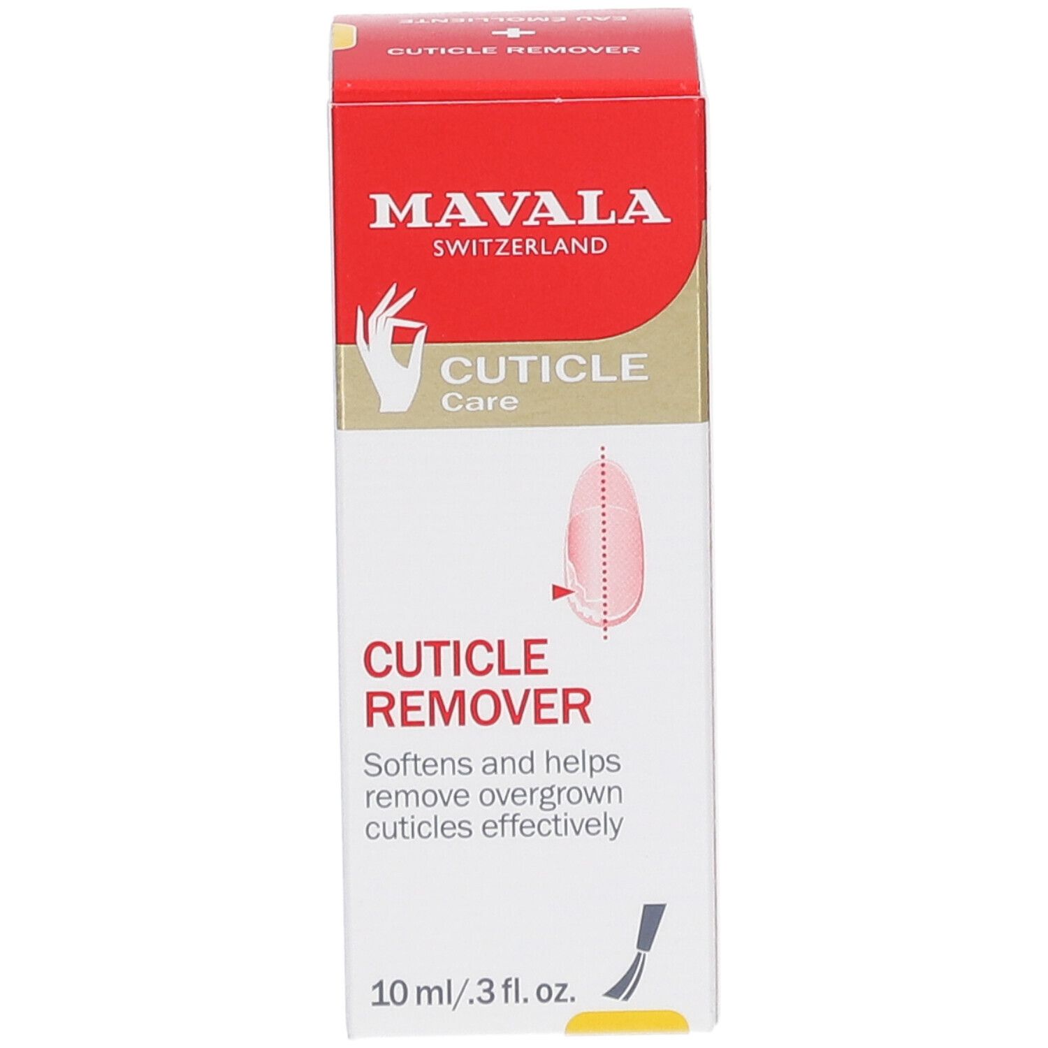 Mavala Cuticle Remover Verpackung. Rote und weiße Schachtel. Text: Cuticle Care, Cuticle Remover, 10 ml.