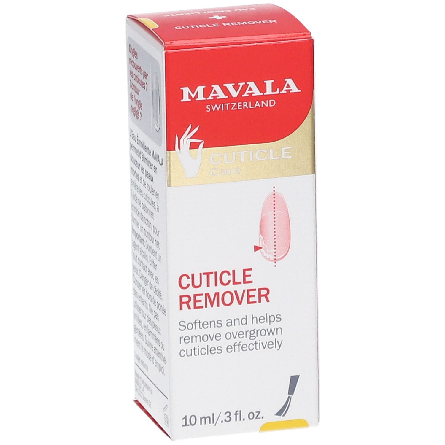 Mavala Cuticle Remover Verpackung. Rote und weiße Schachtel. Text: Cuticle Care, Cuticle Remover, 10 ml.