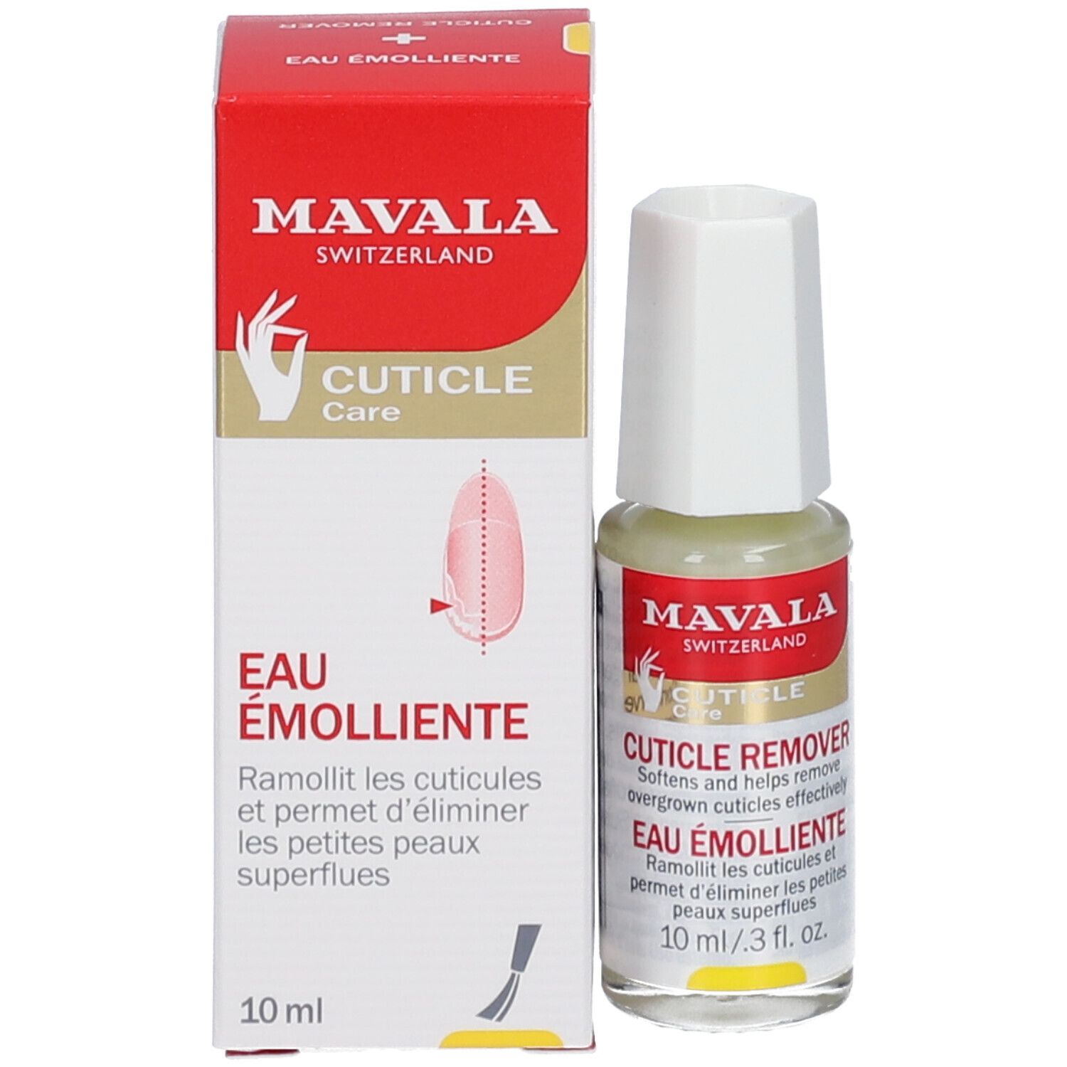 Mavala Eau Émolliente Flasche und Verpackung. Flasche und Schachtel. Text: Cuticle Care, Eau Émolliente, 10 ml.