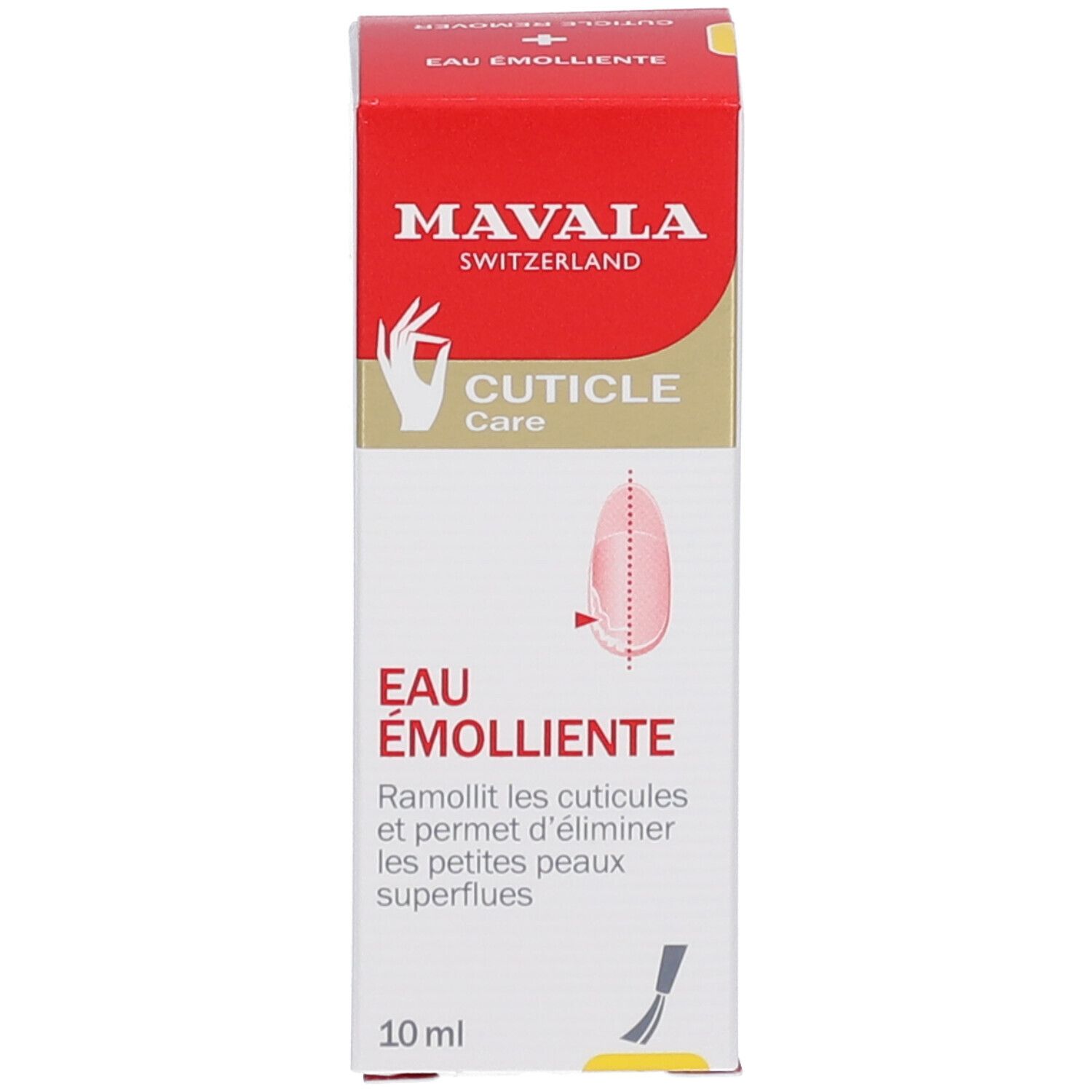 Mavala Eau Émolliente Verpackung. Rote und weiße Schachtel. Text: Cuticle Care, Eau Émolliente, 10 ml.