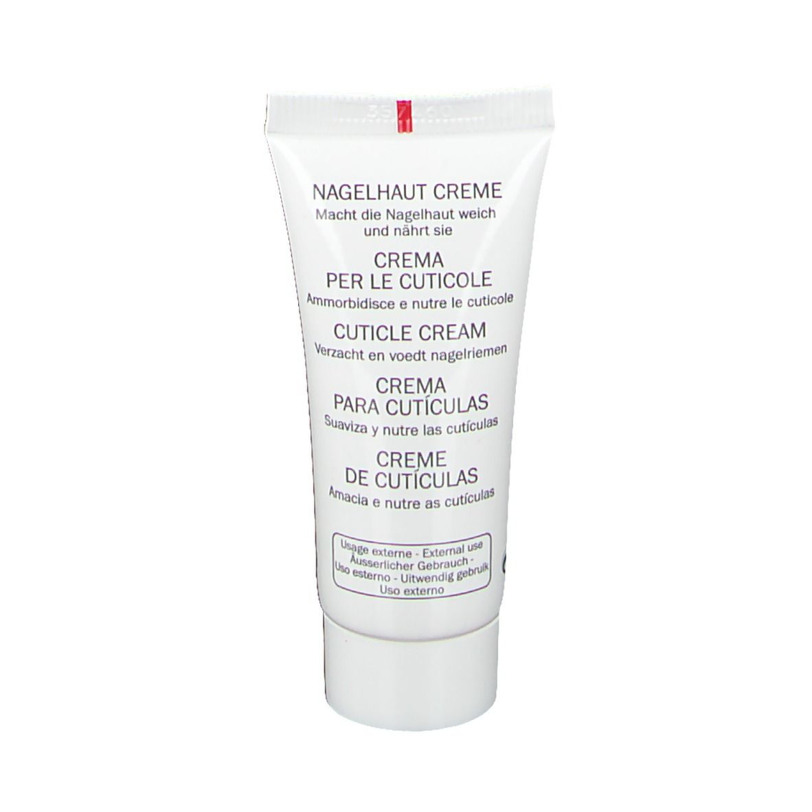 Weisse Tube mit roter Schrift: Nagelhaut Creme. Mehrsprachige Texte. Externe Anwendung.