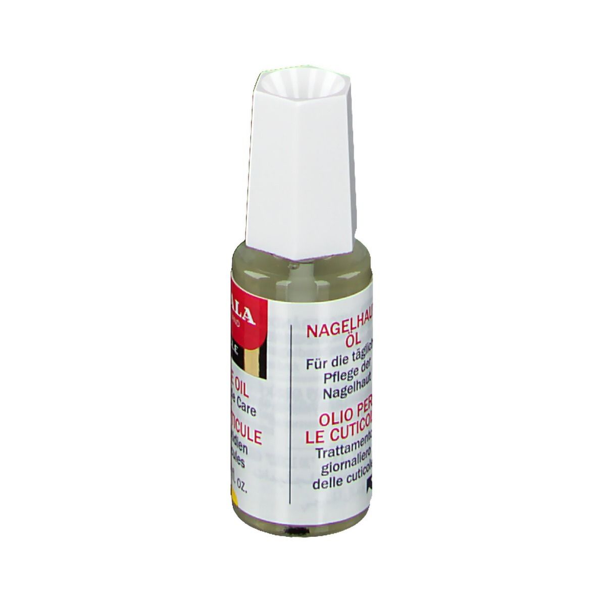 Nagelhautöl-Flasche mit weißem Deckel. Rotes Etikett mit Text: NAGELHAUT-ÖL, OILO PER LE CUTICOLE. 10 ml.