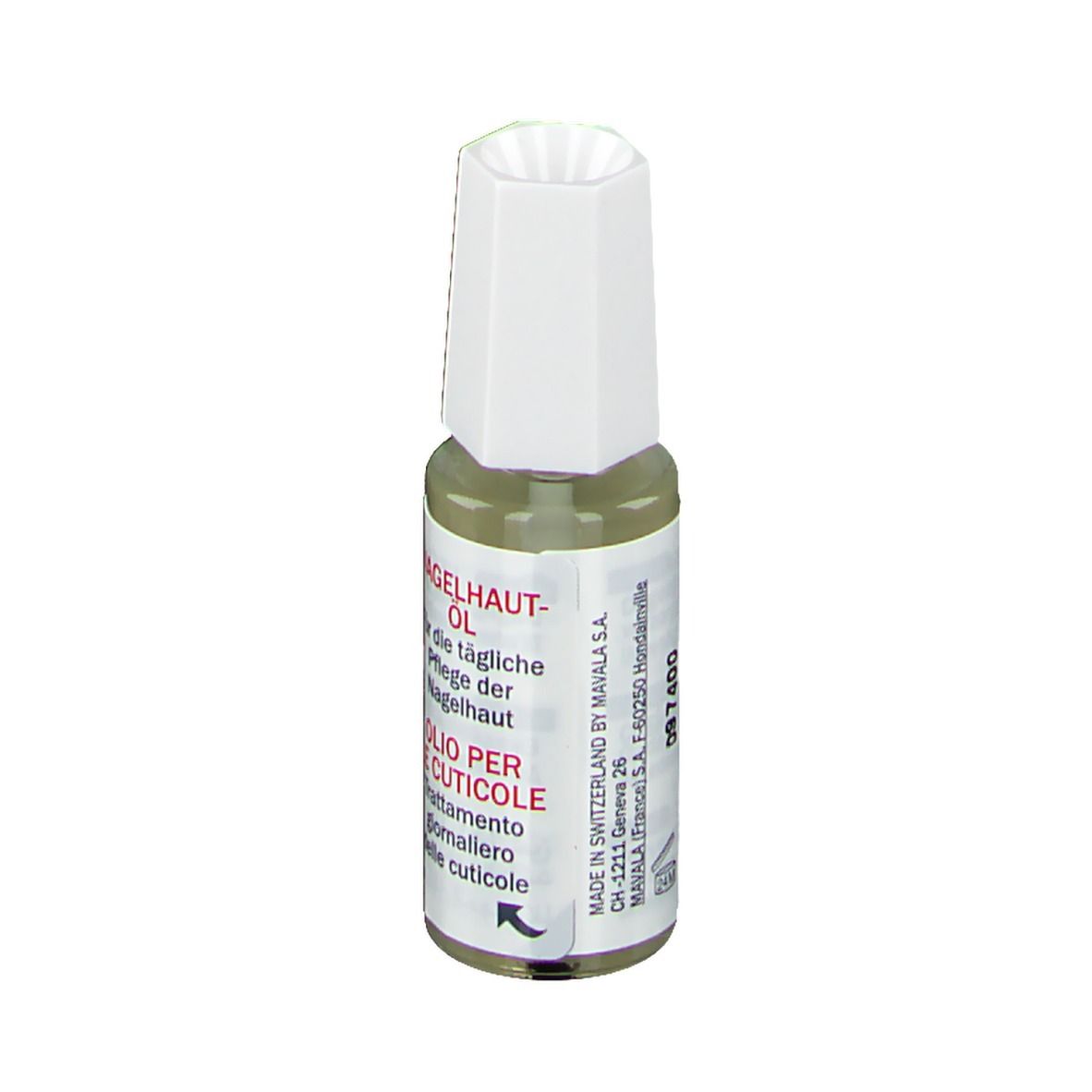 Nagelhautöl-Flasche mit weißem Deckel. Rotes Etikett mit Text: NAGELHAUT-ÖL, OILO PER LE CUTICOLE. 10 ml.