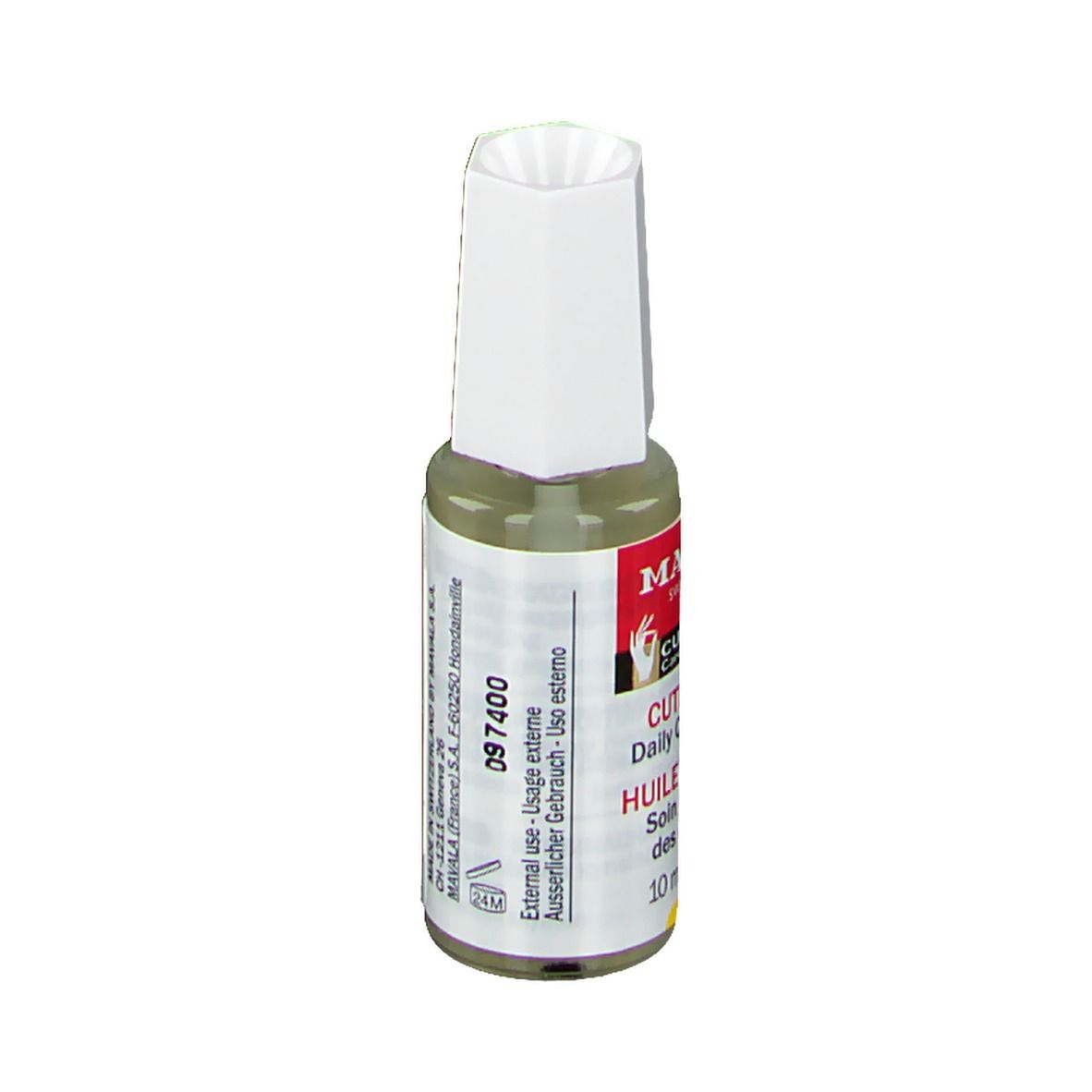 Nagelhautöl-Flasche mit weißem Deckel. Rotes Etikett mit Text: CUTICLE OIL, HUILE CUTICULE. 10 ml.