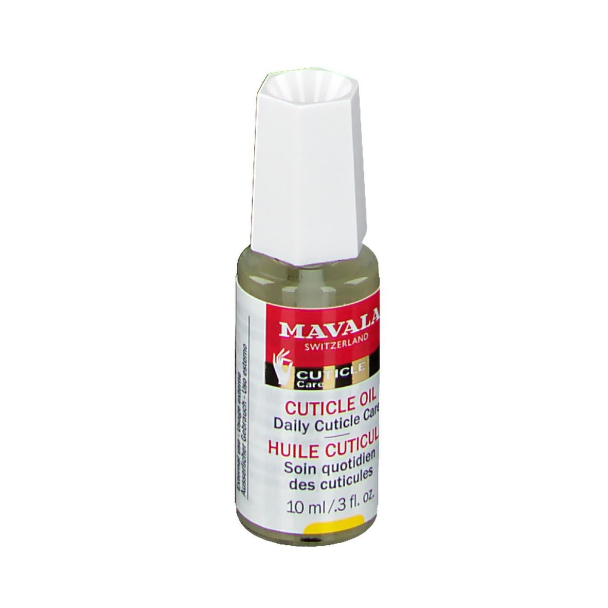 Nagelhautöl-Flasche mit weißem Deckel. Rotes Etikett mit Text: CUTICLE OIL, HUILE CUTICULE. 10 ml.