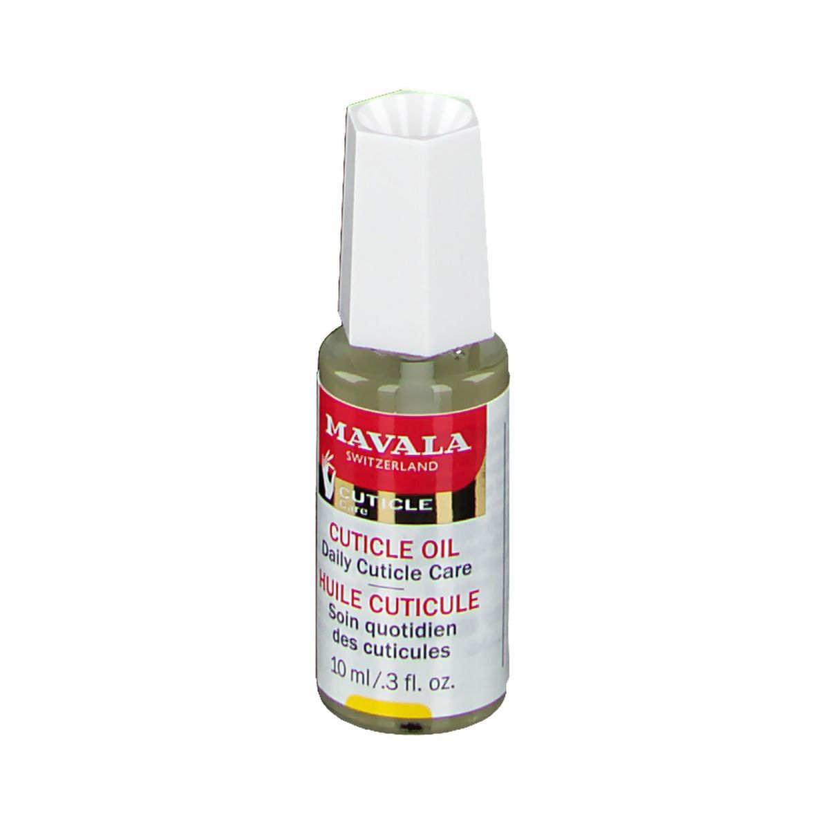 Nagelhautöl-Flasche mit weißem Deckel. Rotes Etikett mit Text: CUTICLE OIL, HUILE CUTICULE. 10 ml.