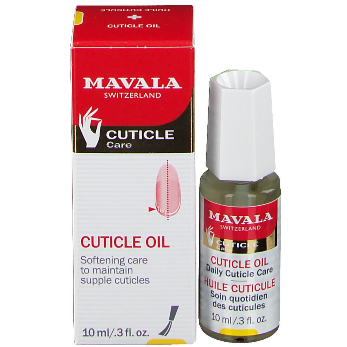 Nagelhautöl-Flasche und Schachtel. Rotes Etikett mit Text: CUTICLE OIL, HUILE CUTICULE. 10 ml. Schachtel zeigt Nagel.