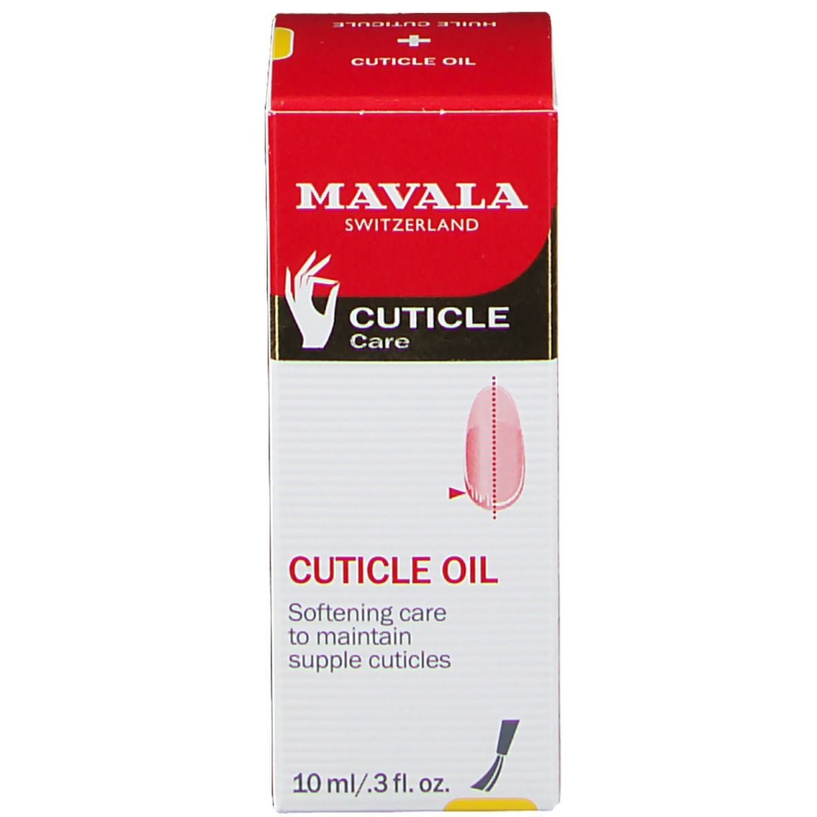 Schachtel mit Nagelhautöl. Rotes Etikett mit Text: CUTICLE OIL, HUILE CUTICULE. 10 ml. Zeigt Nagel.