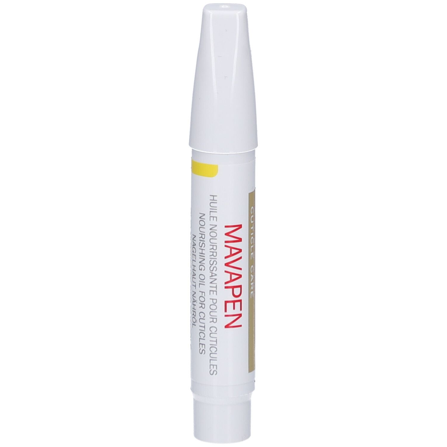 Weißer Stift mit rotem Streifen. Aufschrift: MAVALA SWITZERLAND, CUTICLE CARE.