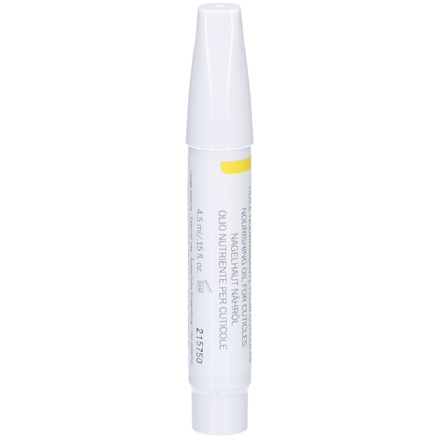 Weißer Stift mit gelbem Streifen. Aufschrift: NUTRIENT OIL FOR CUTICLES.