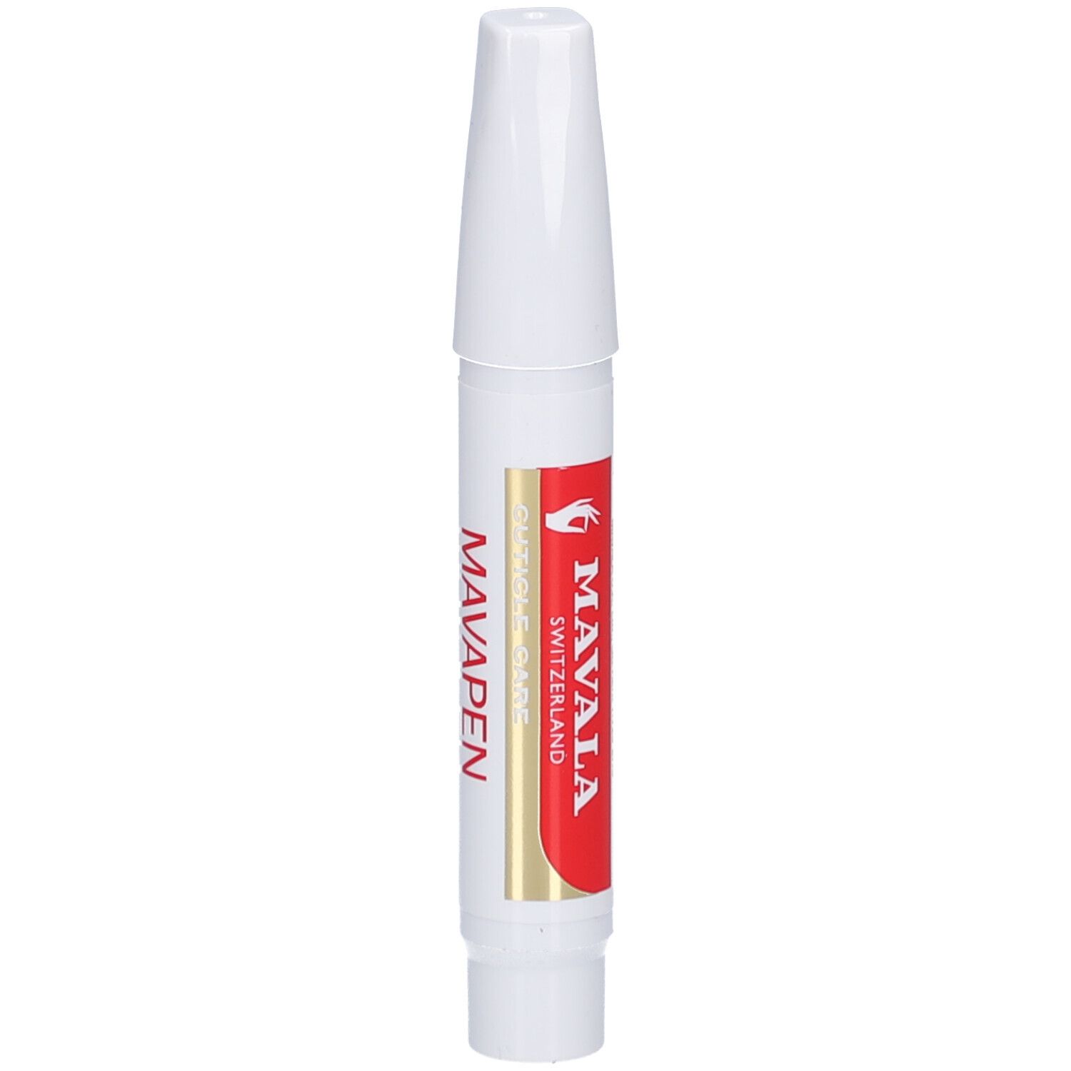 Weißer Stift mit rotem Streifen. Aufschrift: MAVALA SWITZERLAND, CUTICLE CARE.